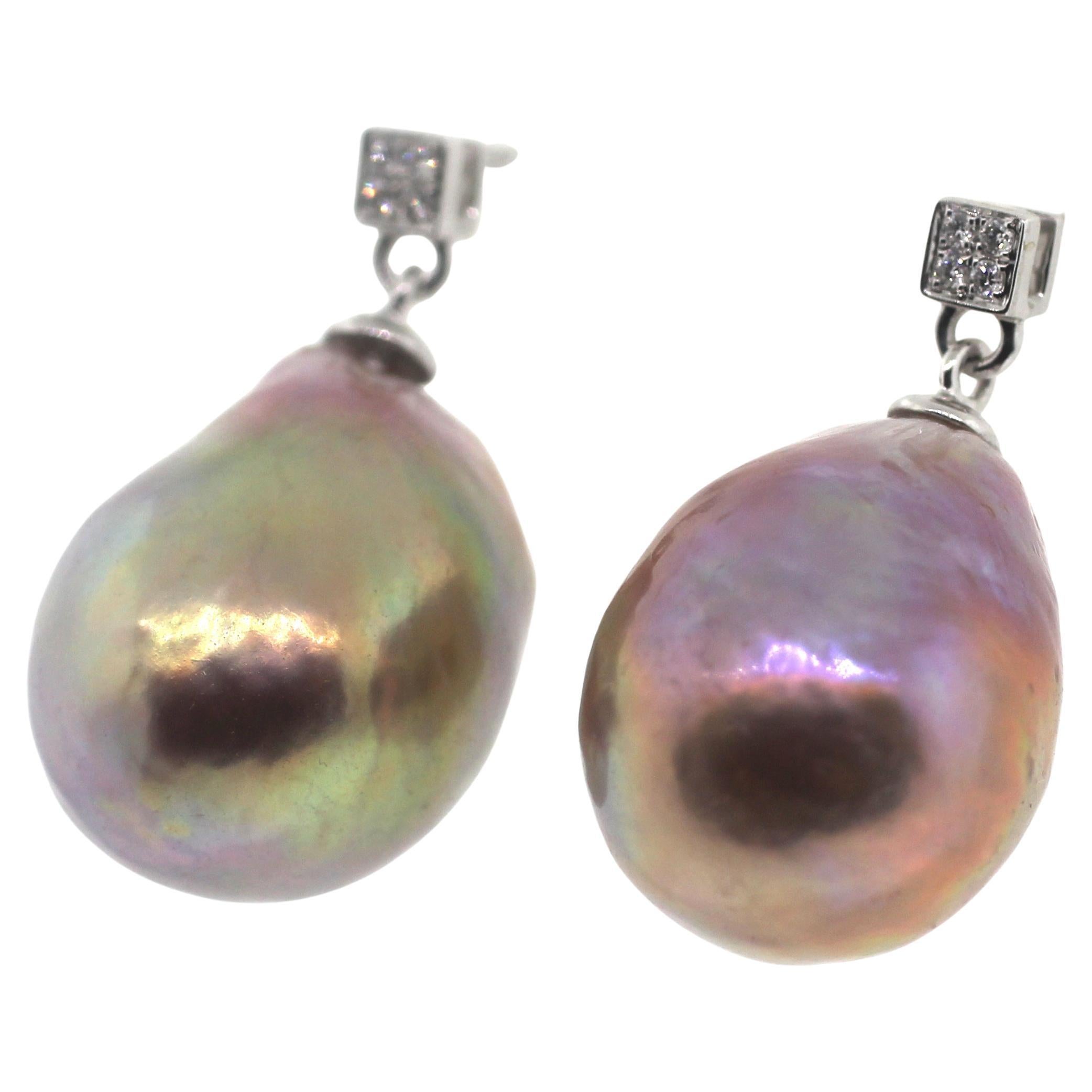 Bead Hakimoto 18K Natural Color 16-13mm Fancy Metallic Baroque Pearl Diamonds Earring