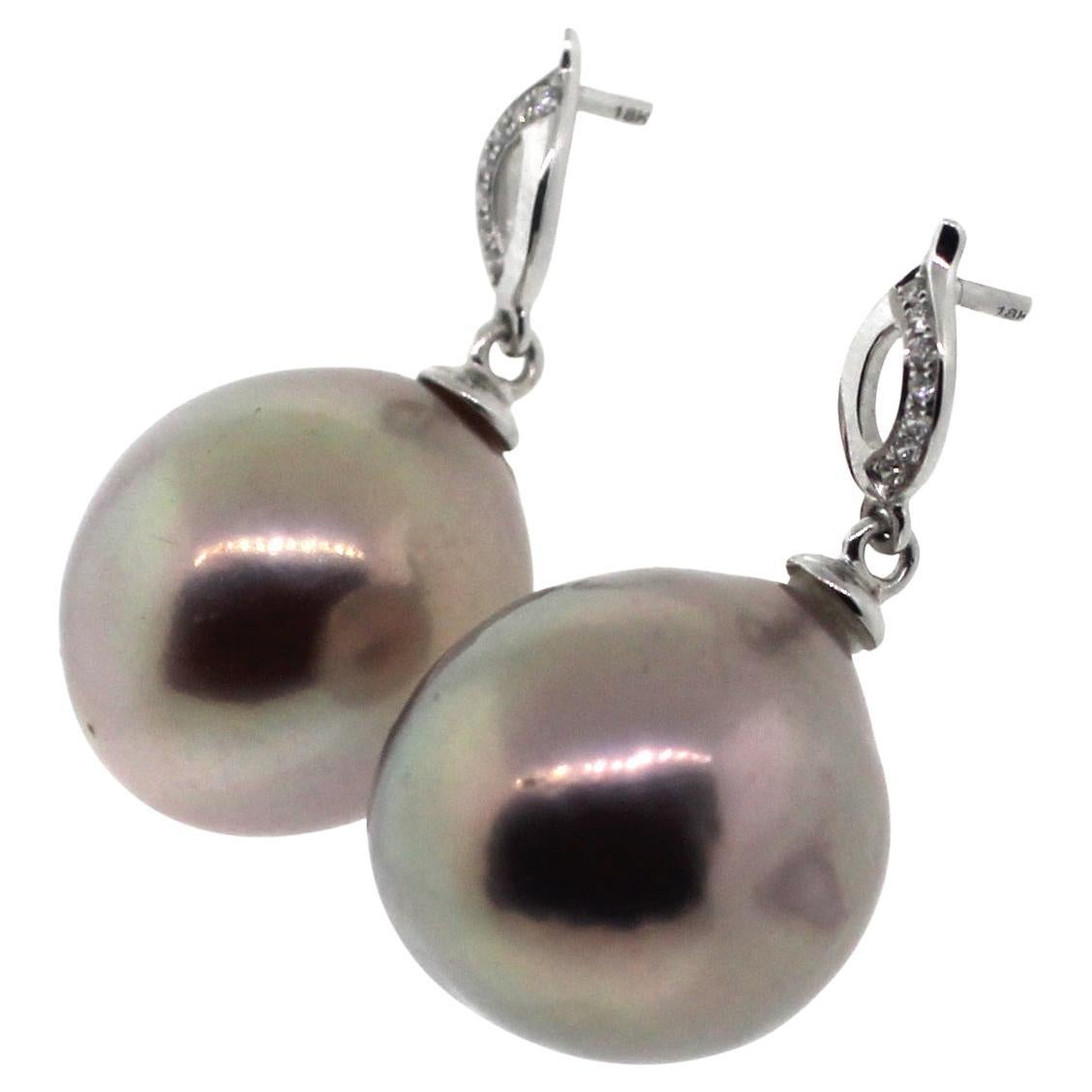 Bead Hakimoto 18K 14-13mm Natural Color Metallic Baroque Pearl Diamonds Earrings For Sale