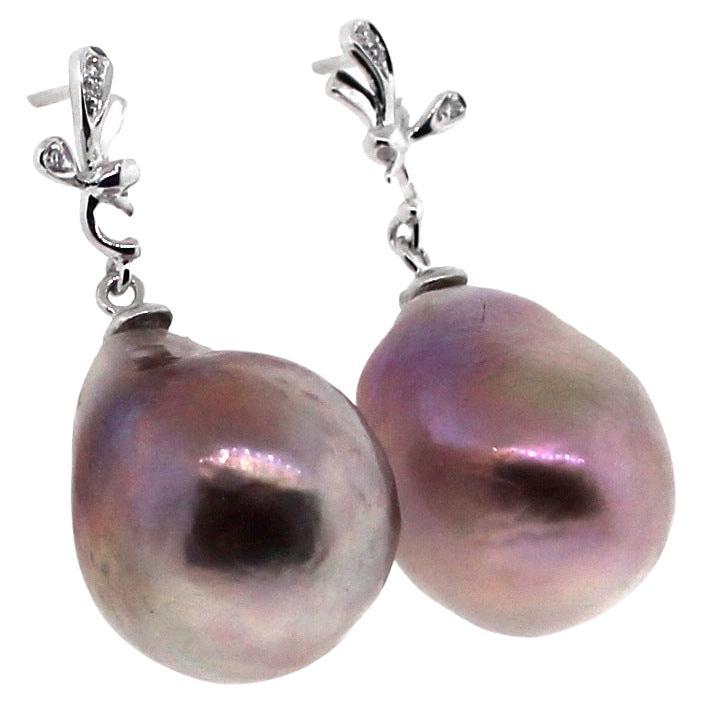 Natural Semi-Baroque Pearl and Diamond Earrings For Sale at 1stDibs
