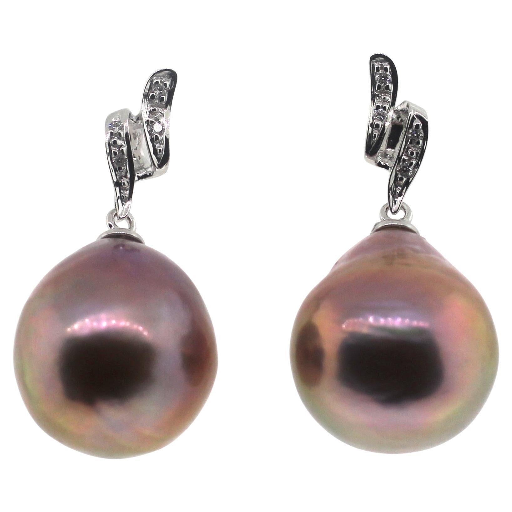 Hakimoto 18K Natural Color Metallic Baroque 15x13 mm Pearl Diamonds Earrings For Sale