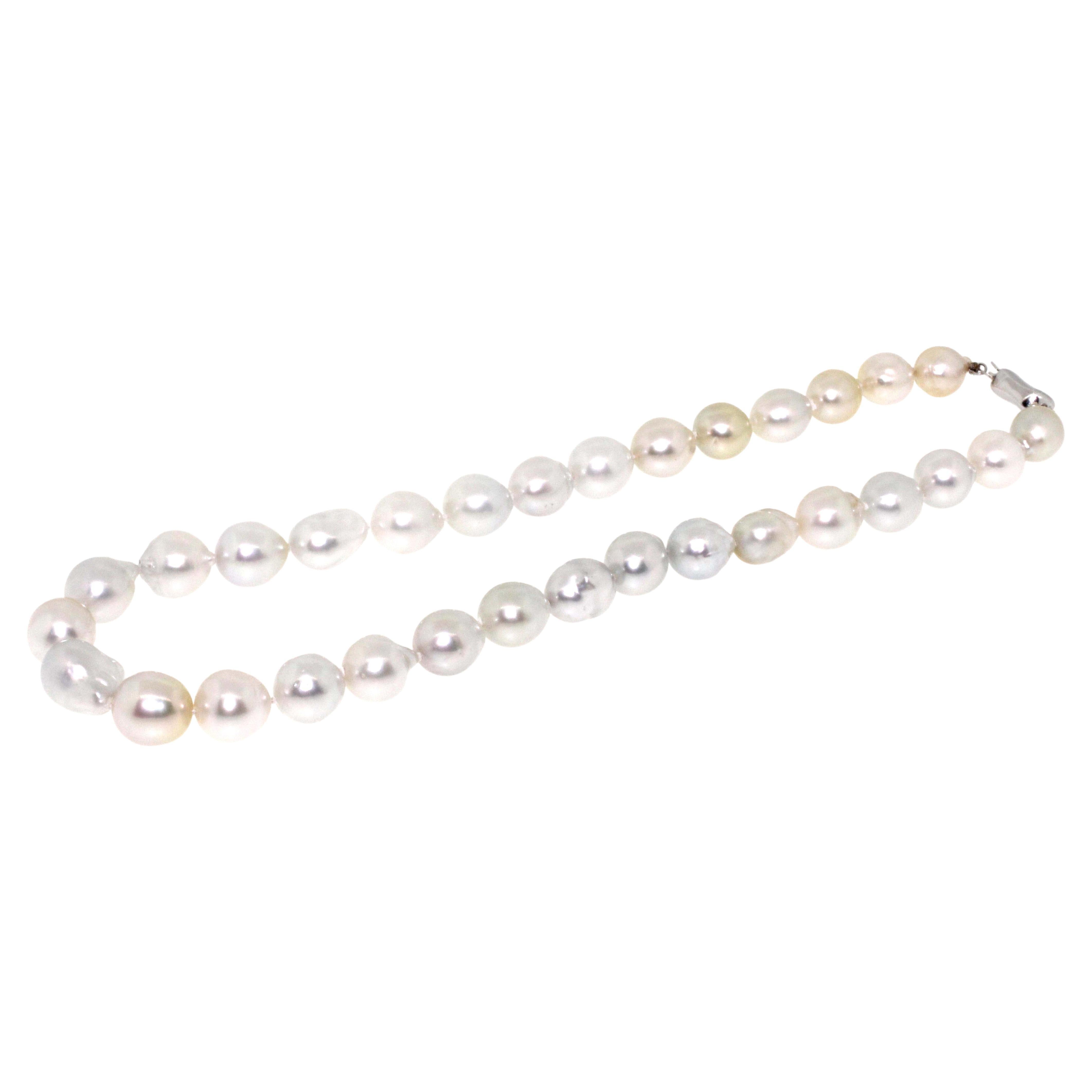 Modern Hakimoto 12X10mm 18K White South Sea Baroque Pearl Strand Necklace For Sale