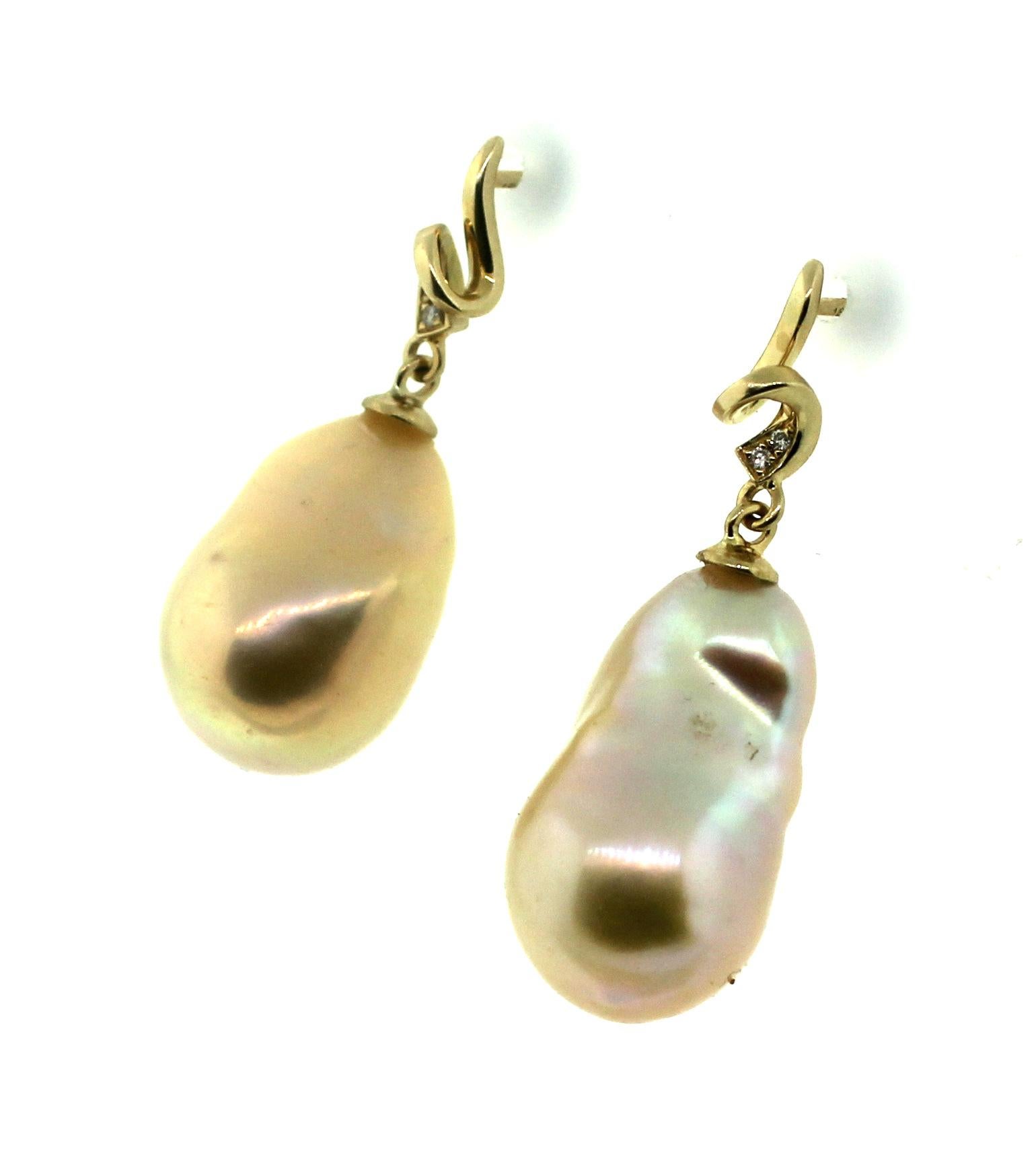 Bead Hakimoto 18k Yellow Gold Diamond Baroque Pearl Earrings For Sale