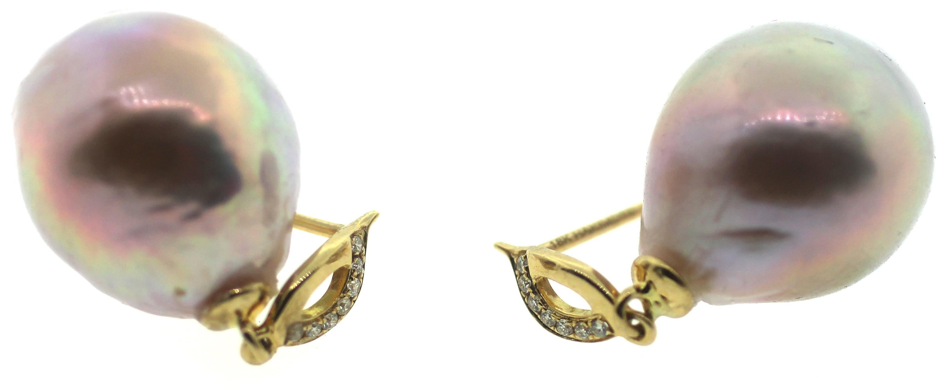 Hakimoto 18K Yellow Gold Natural Color Metallic Baroque Pearl Diamonds Earrings For Sale 7