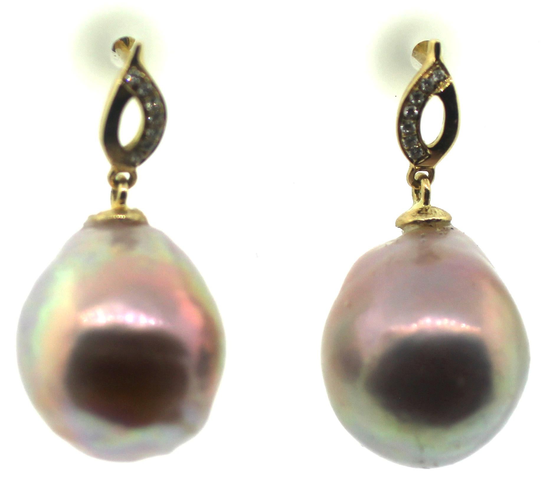 Women's Hakimoto 18K Yellow Gold Natural Color Metallic Baroque Pearl Diamonds Earrings For Sale