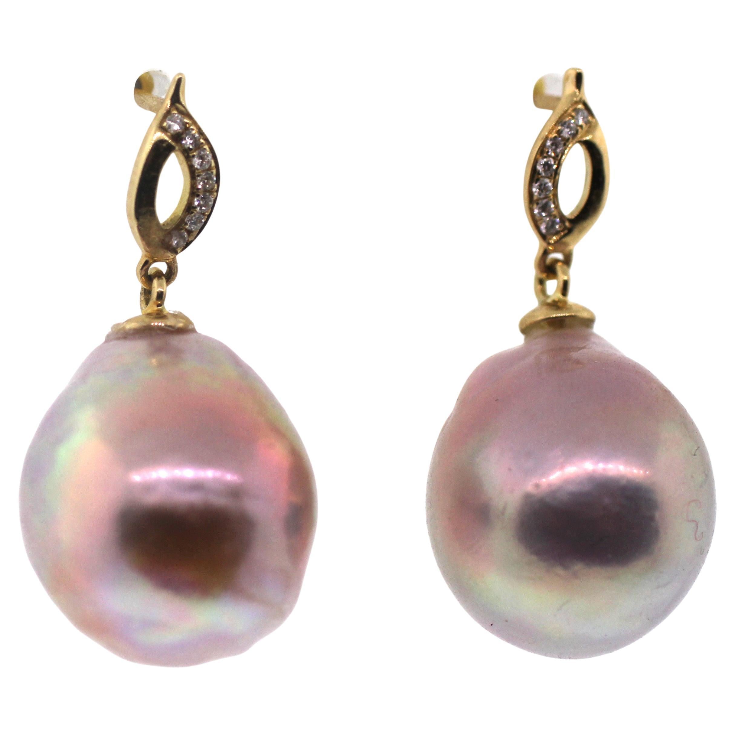 Hakimoto 18K Yellow Gold Natural Color Metallic Baroque Pearl Diamonds Earrings