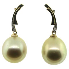 Hakimoto 18k Yellow Gold Natural Color South Sea Pearl Drop Earrings Diamonds