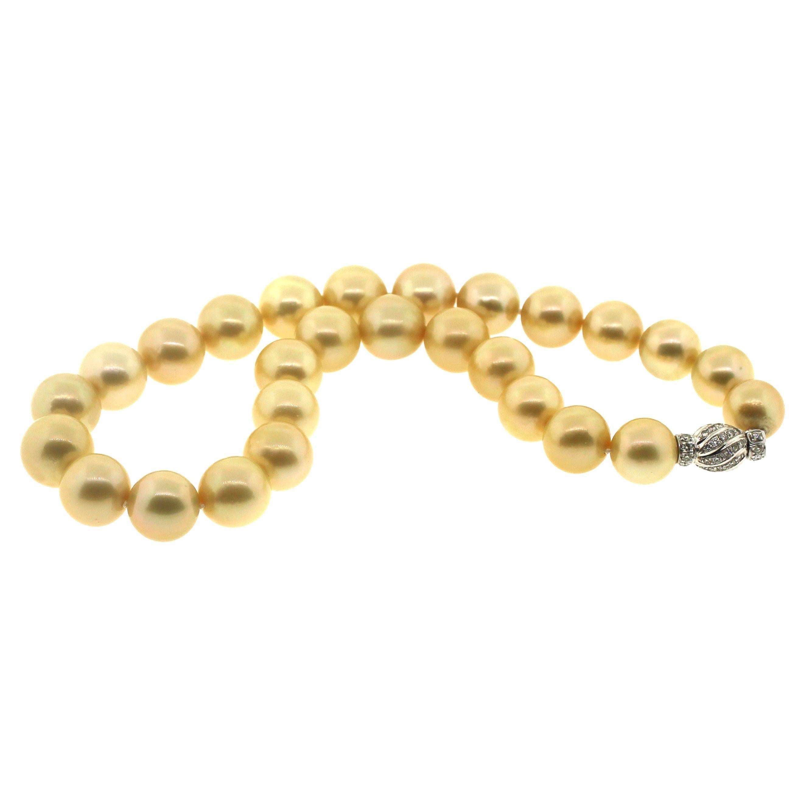 Bead Hakimoto 15.3x13 mm 27 Golden South Sea Pearl Necklace 18K Diamond Clasp For Sale