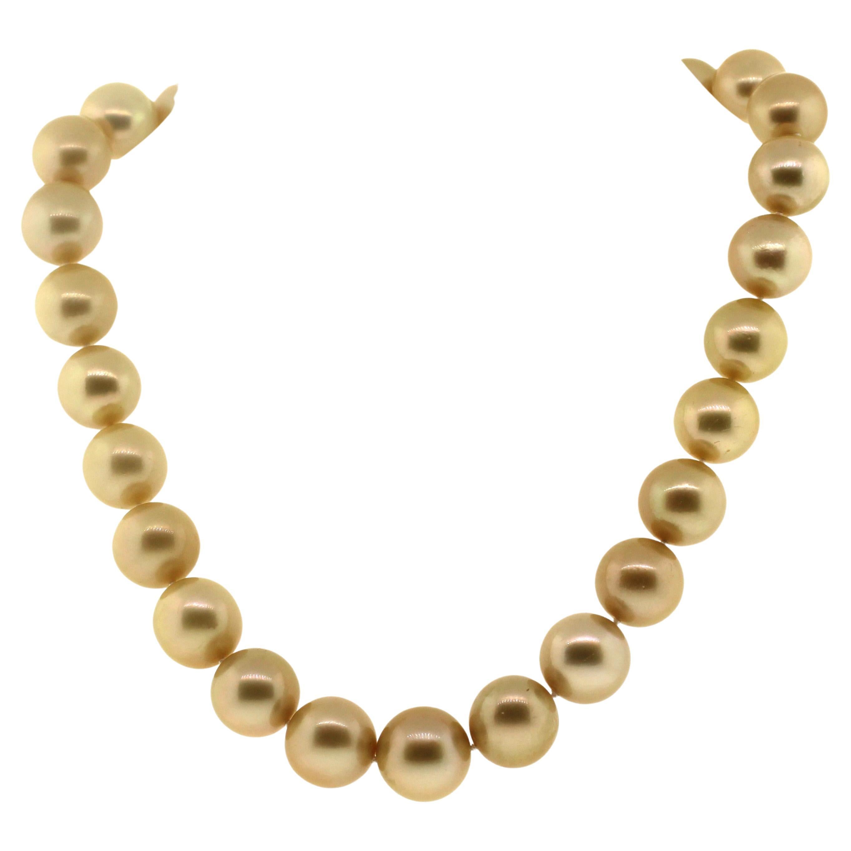 Hakimoto 15.3x13 mm 27 Golden South Sea Pearl Necklace 18K Diamond Clasp For Sale