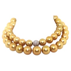 Used Hakimoto 14x17mm 49 Deep Intense Natural Golden Color South Sea Pearl Necklace