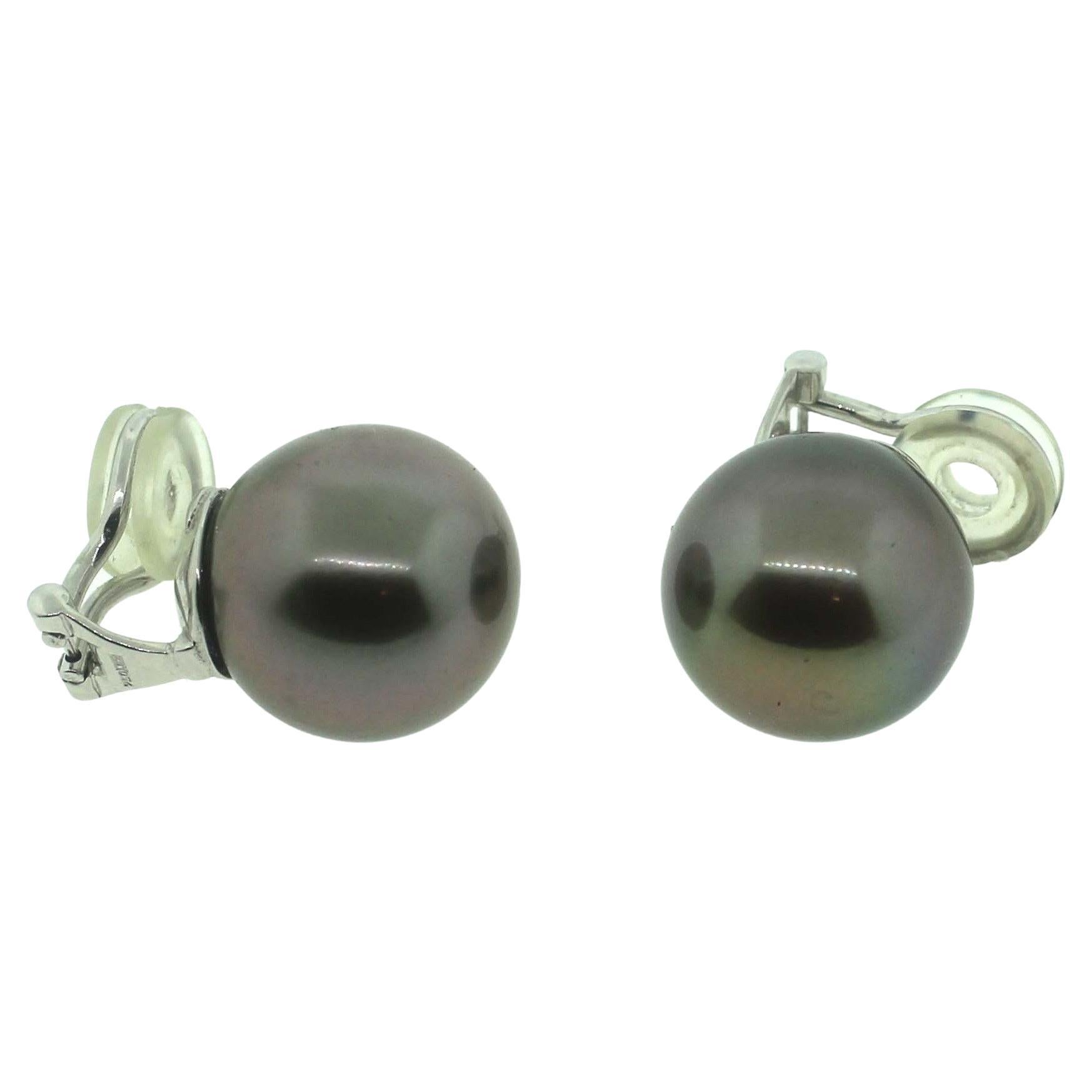 Hakimoto Tahitian Earrings
18K White Gold
High Polish
Total Item Weight (g): 12.5
Clip Earrings
Tahitian Cultured Pearl
Pearl Size 14.7 mm
Pearl Shape: Round
Bodycolor: Gray
Orient: Very Good
Luster: Very Good
Surface: Clean Face
Nacre: Very