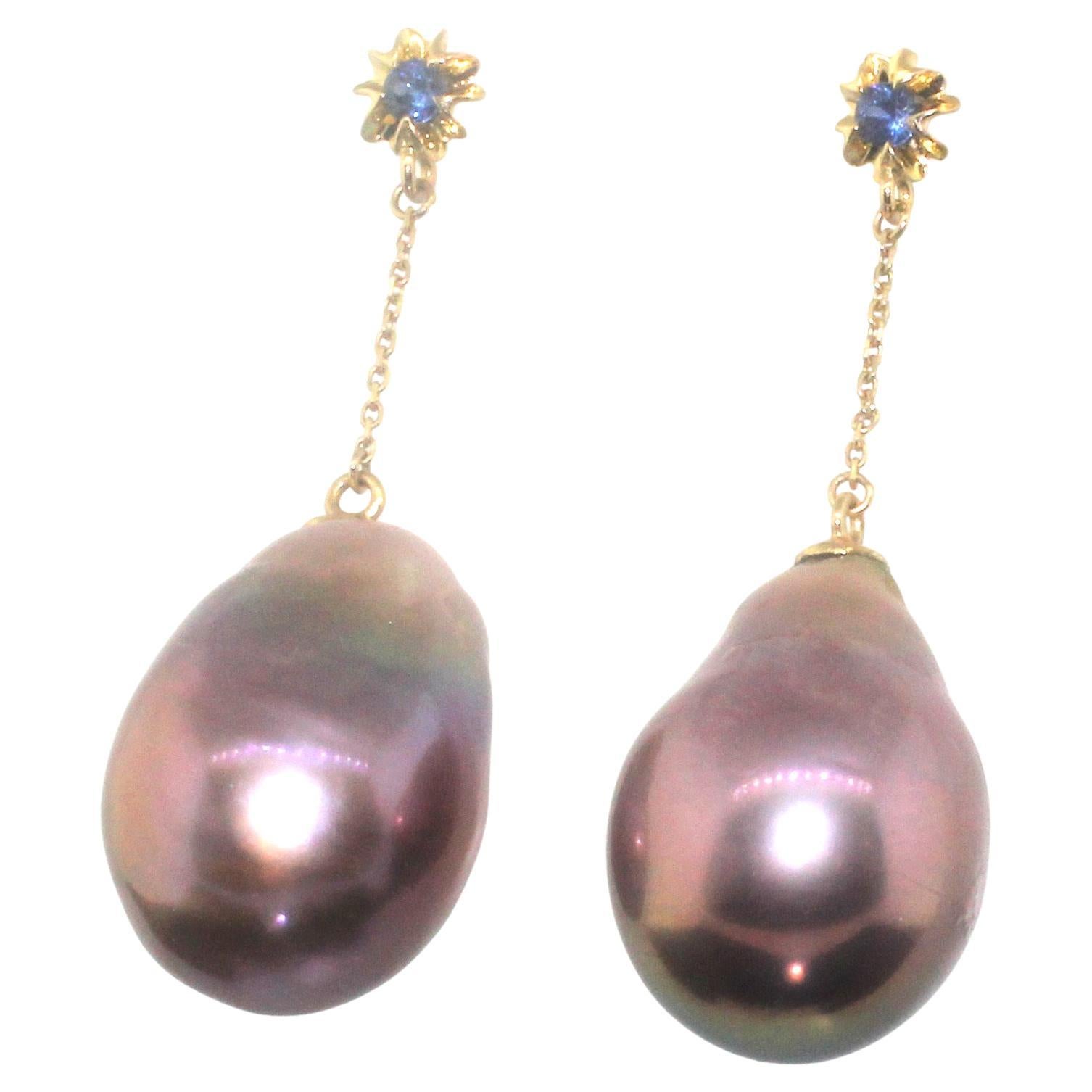 Bead Hakimoto by Jewel of Ocean 18k Sapphire Baroque Pearl Earrings For Sale