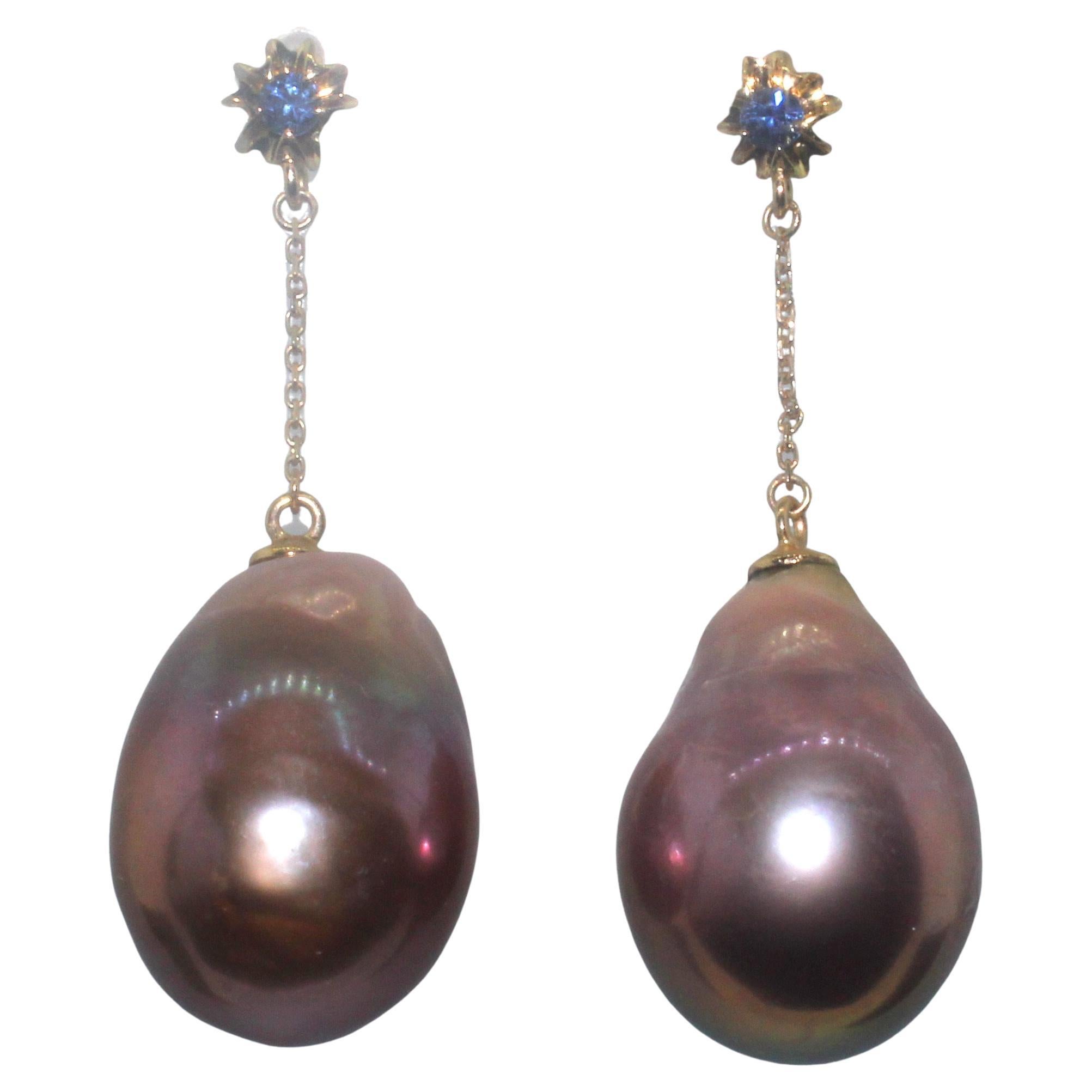 Hakimoto by Jewel of Ocean 18k Sapphire Baroque Pearl Earrings For Sale