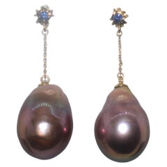 Hakimoto by Jewel of Ocean 18k Sapphire Baroque Pearl Earrings