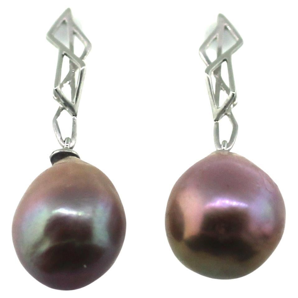 Women's Hakimoto by Jewel of Ocean 18k White Gold Baroque Pearl Earrings For Sale