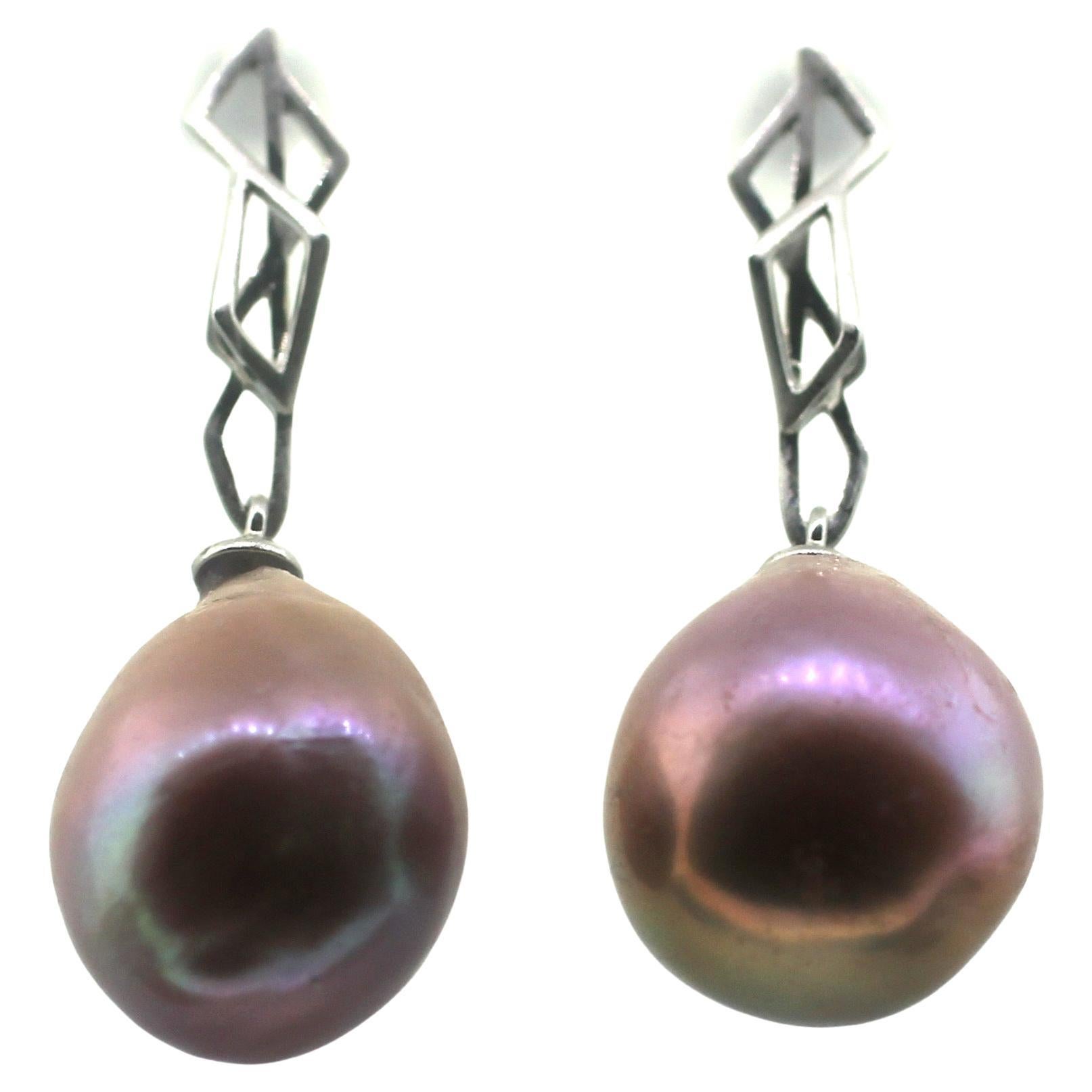 Hakimoto by Jewel of Ocean 18k White Gold Baroque Pearl Earrings For Sale