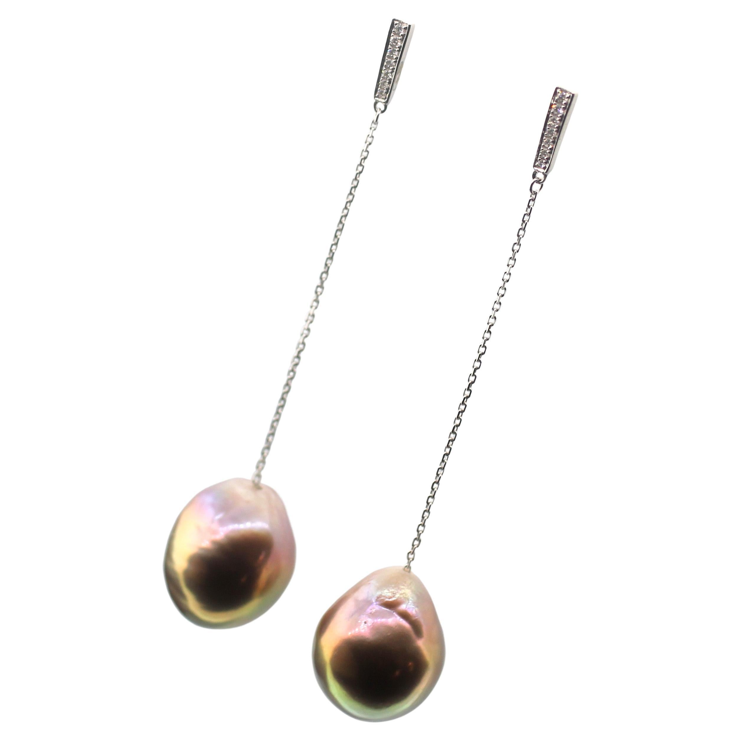 Women's or Men's Hakimoto by Jewel of Ocean 18k White Gold Diamond Baroque Pearl Earrings For Sale