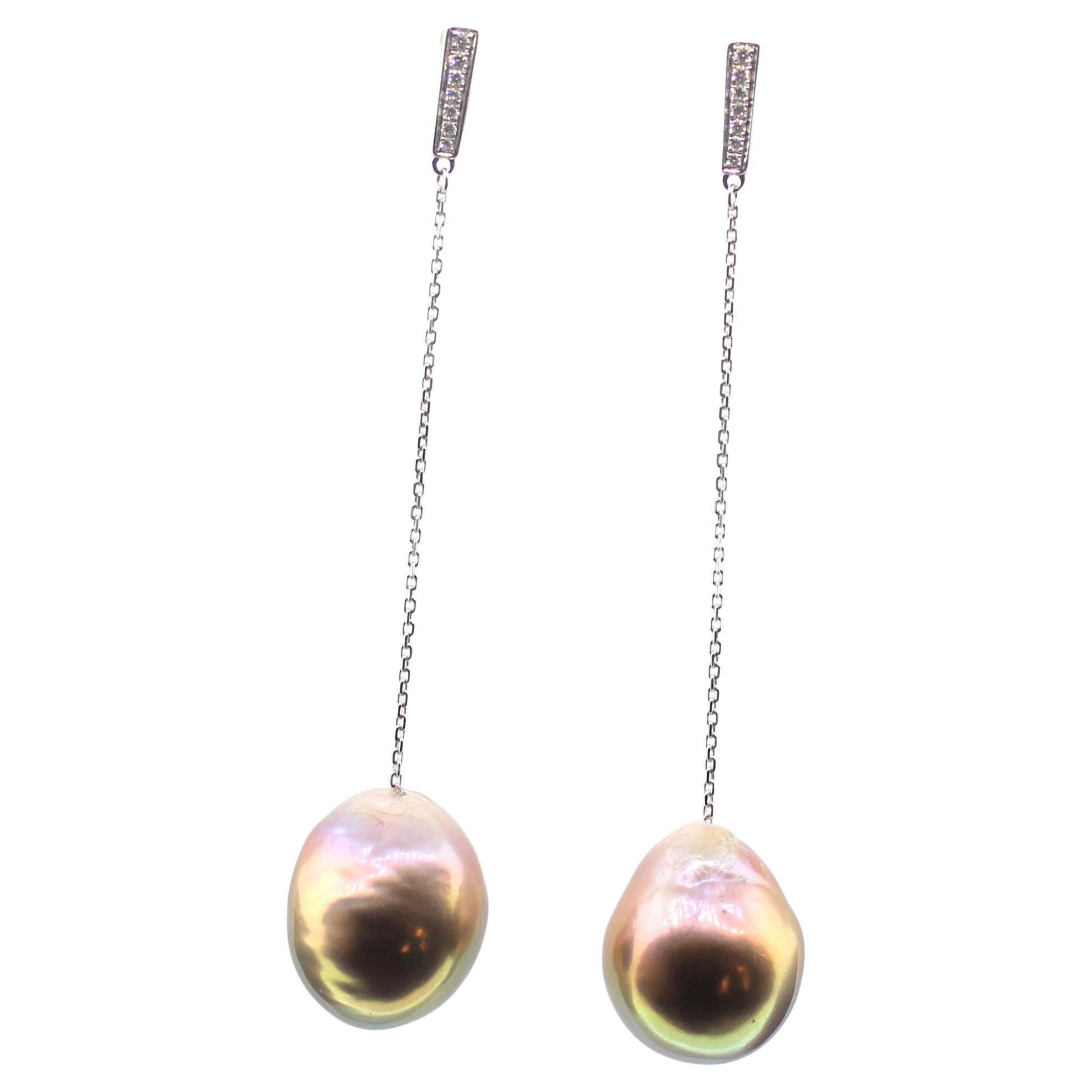 Hakimoto by Jewel of Ocean 18k White Gold Diamond Baroque Pearl Earrings For Sale
