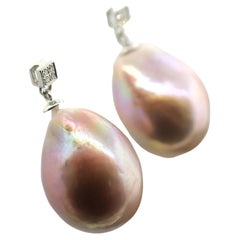 Hakimoto By Jewel Of Ocean 18k White Gold Diamond 18x14mm Baroque Pearl Earrings