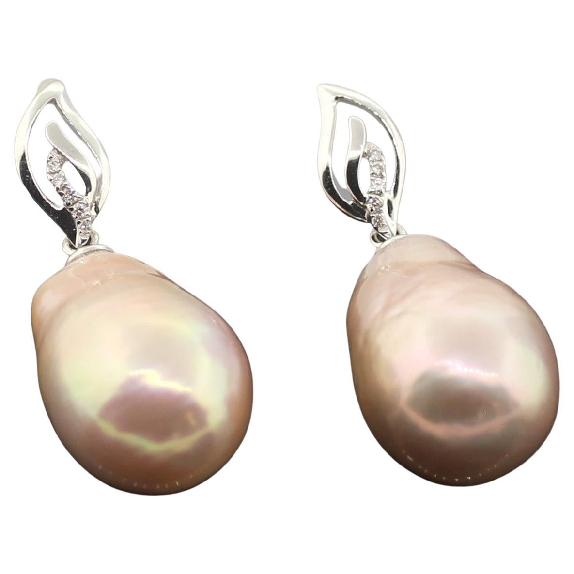 Women's Hakimoto By Jewel Of Ocean 18k White Gold Diamond Baroque Pearl Earrings For Sale