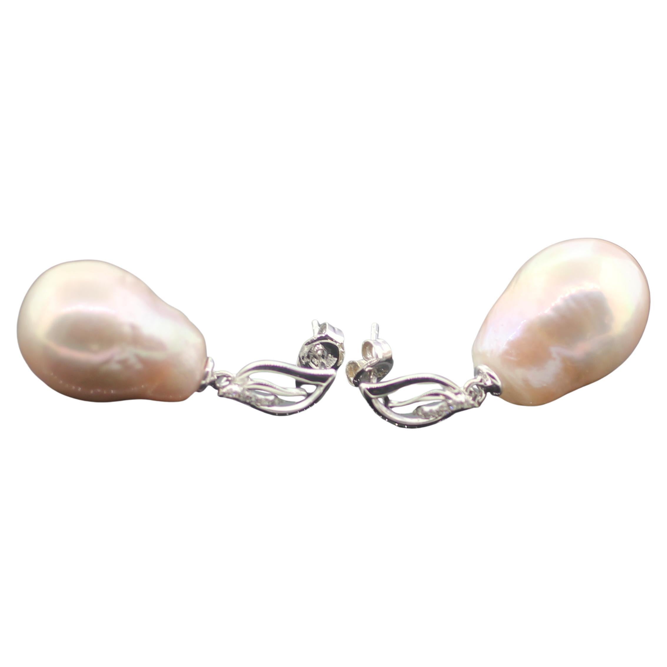 Hakimoto By Jewel Of Ocean 18k White Gold Diamond Baroque Pearl Earrings For Sale 1