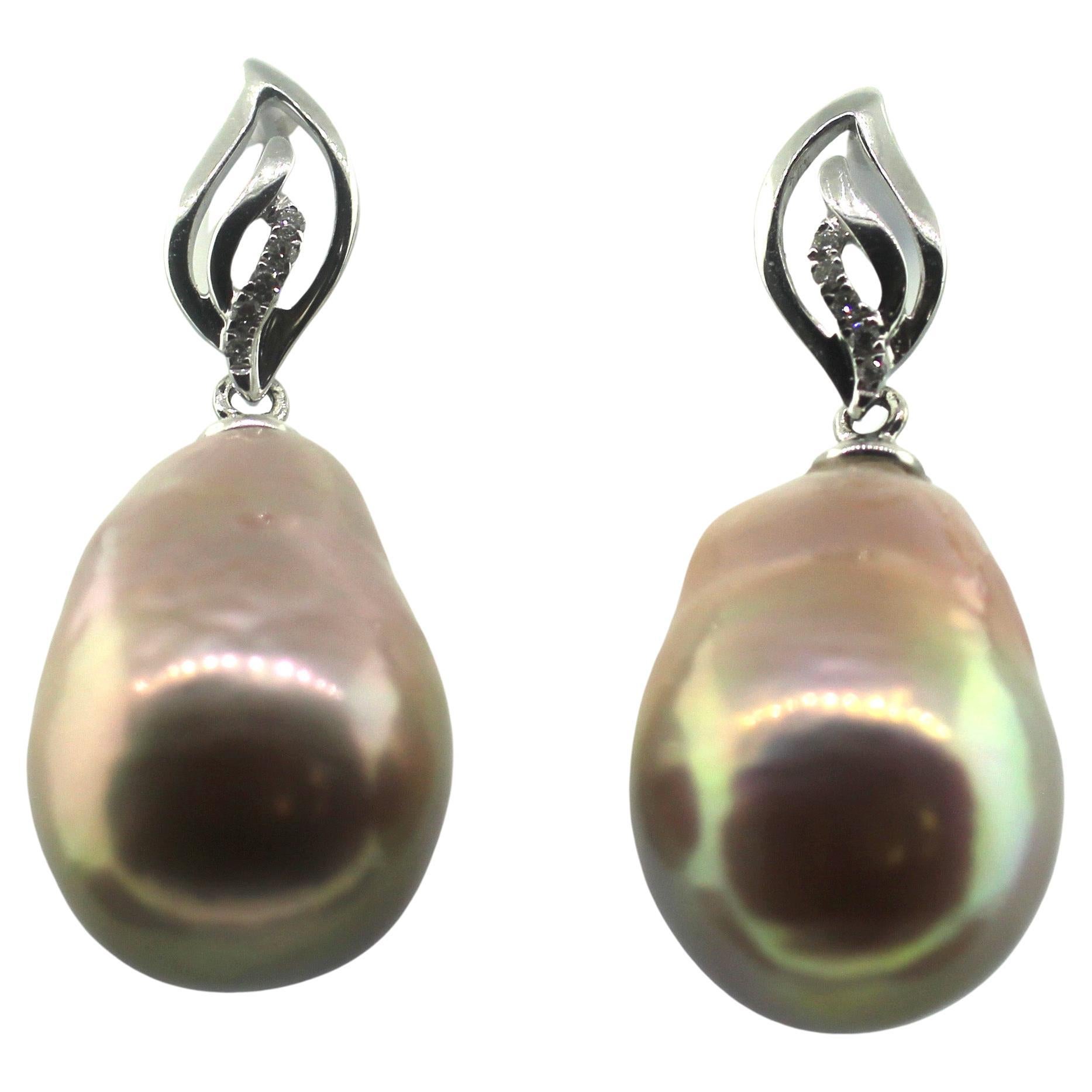 Hakimoto By Jewel Of Ocean 18k White Gold Diamond Baroque Pearl Earrings For Sale