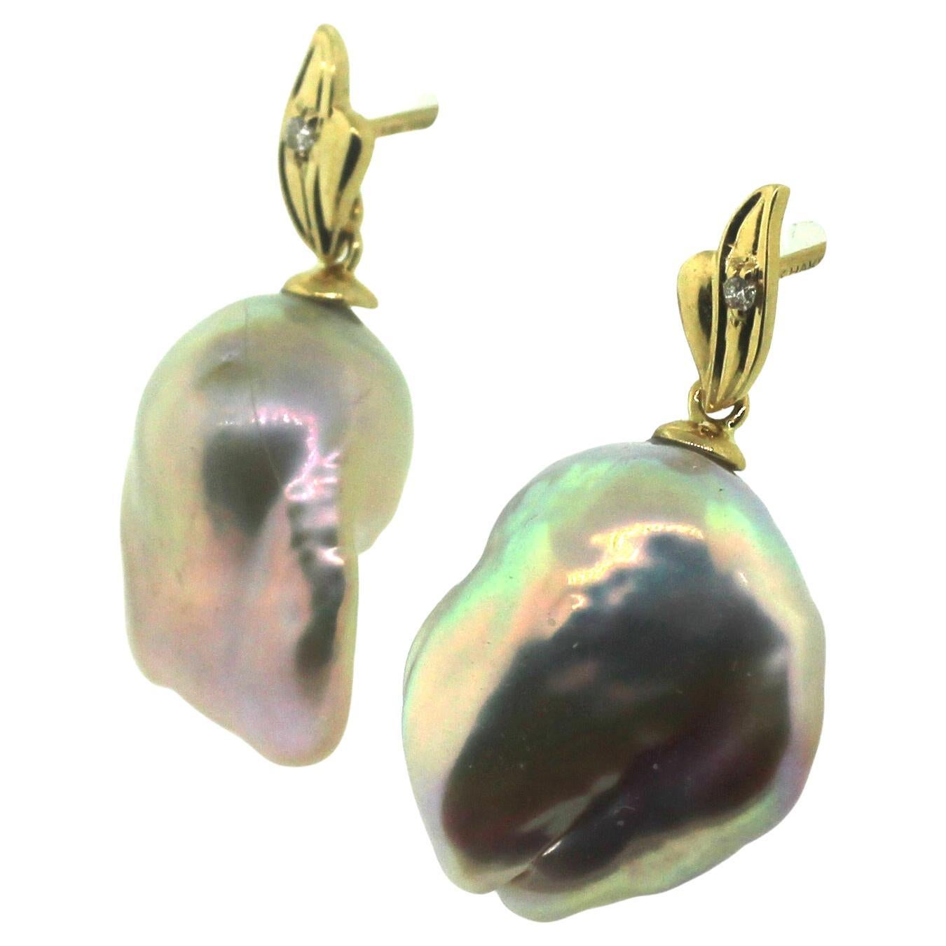 Bead Hakimoto by Jewel of Ocean 18k Yellow Gold Diamond Baroque Pearl Earrings For Sale
