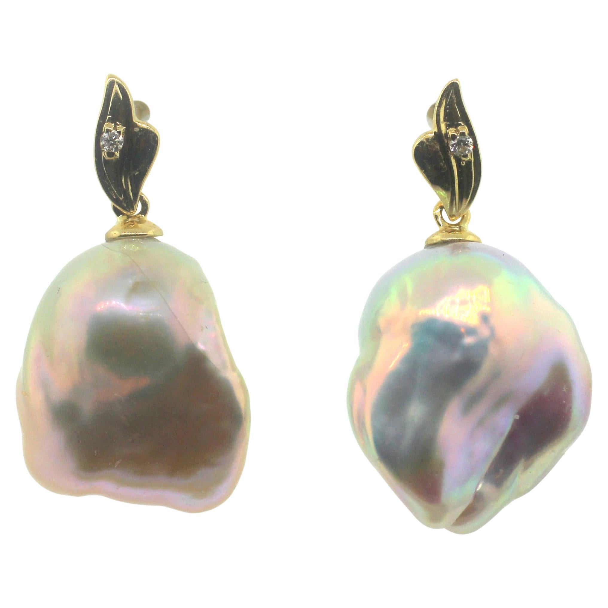Hakimoto by Jewel of Ocean 18k Yellow Gold Diamond Baroque Pearl Earrings For Sale