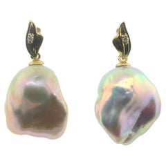 Hakimoto by Jewel of Ocean 18k Yellow Gold Diamond Baroque Pearl Earrings