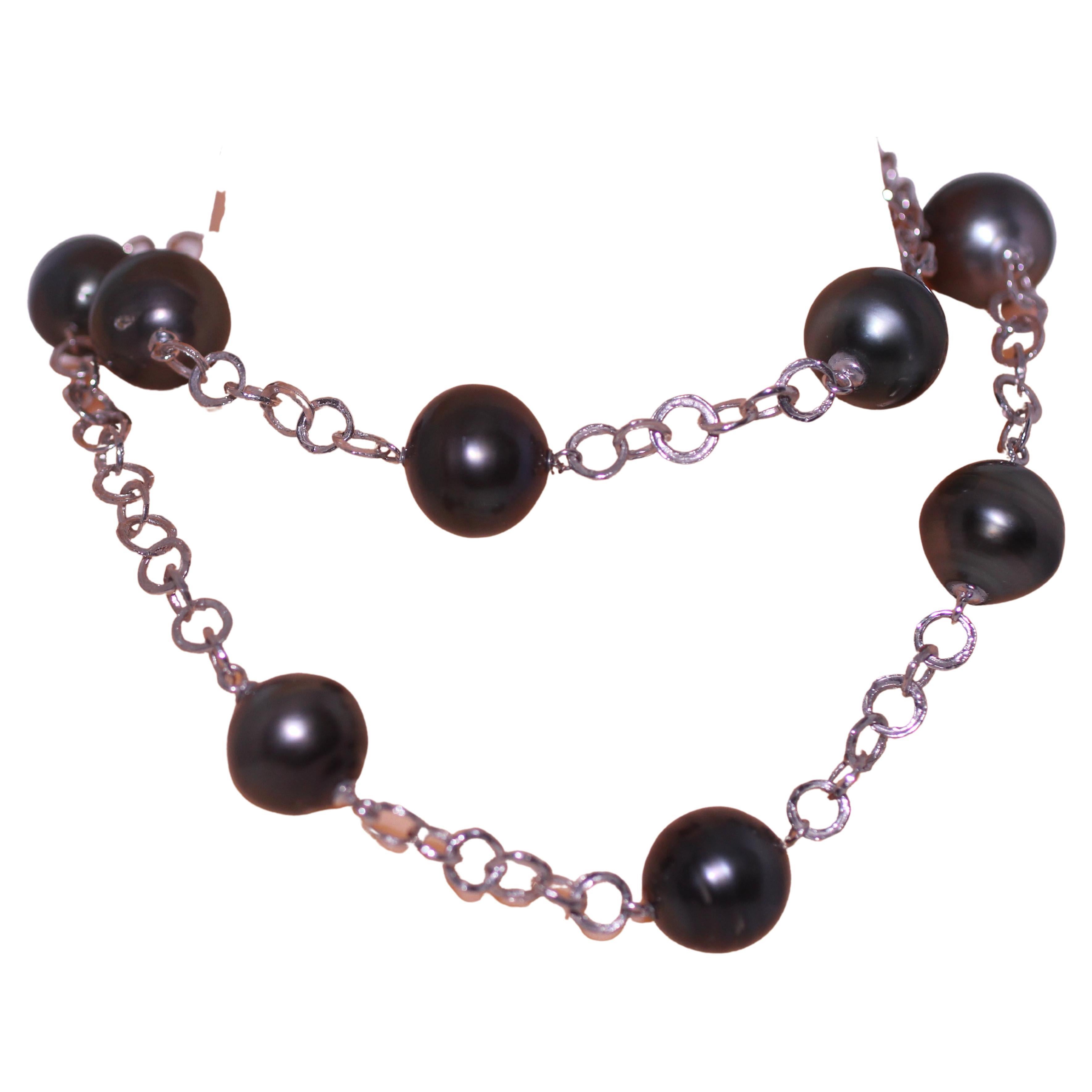 Bead Hakimoto 17x15 mm Natural Color Tahitian South Sea Pearl Station Necklace 18K For Sale