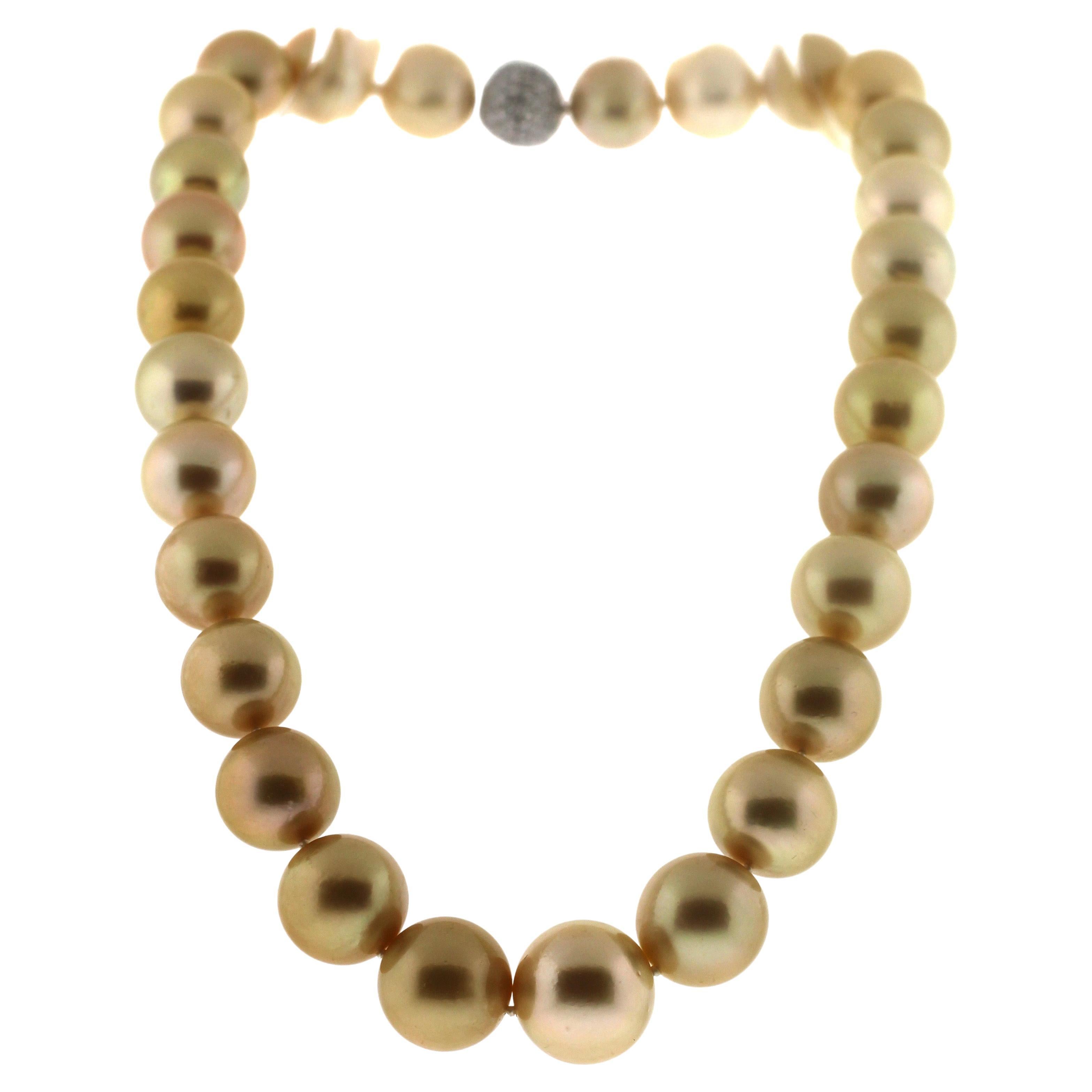 Hakimoto By Jewel Of Ocean 18K Golden South Sea Strand Necklace
18K White Gold Full Diamond Ball Clasp 
Weight (g): 115
Cultured South Sea Pearl 
Pearl Size: 13X16mm 
Pearl Shape: Round 
Body color: Natural Golden
Orient: Very Good
Luster: Very Good