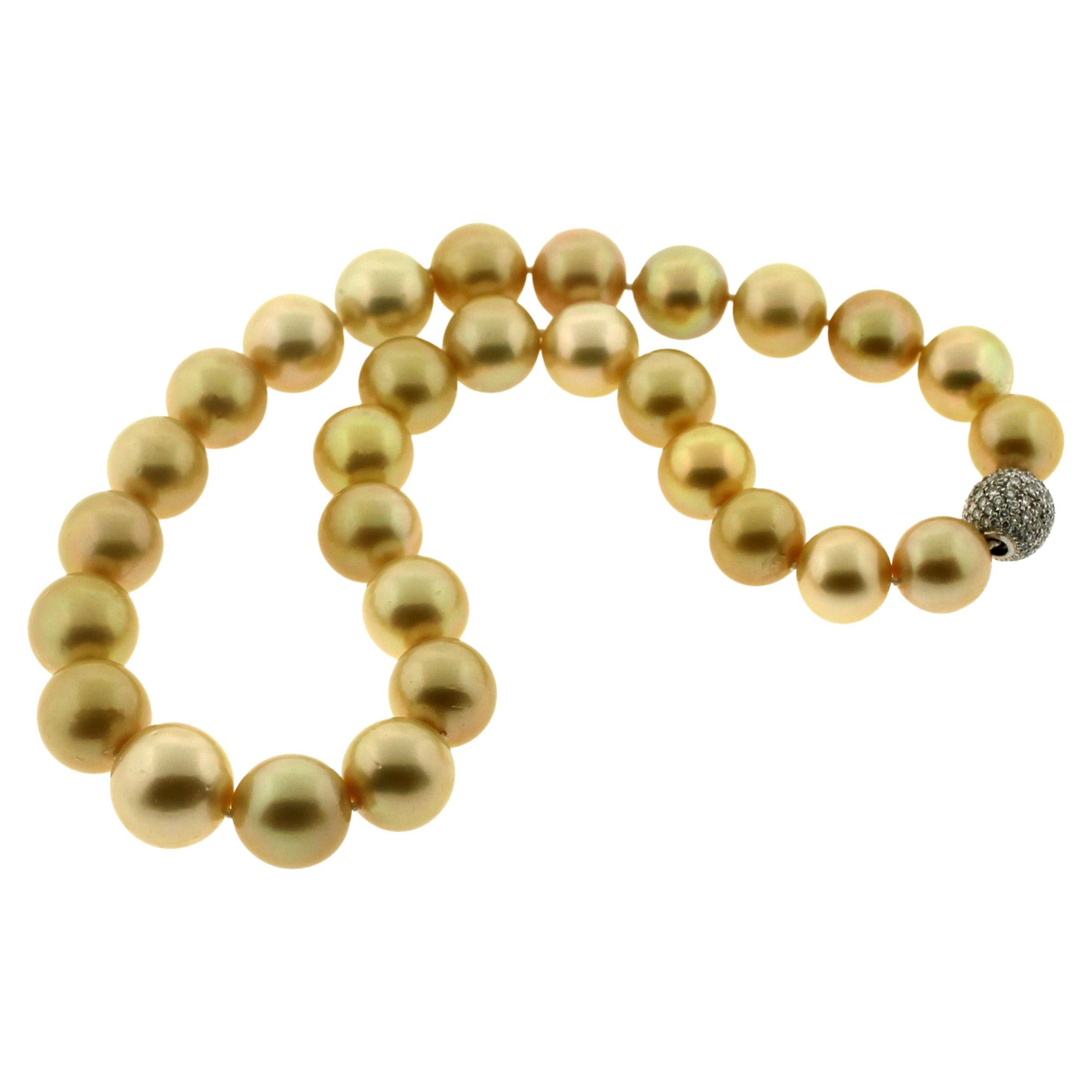Modern Hakimoto 16x13 mm Natural Golden South Sea Pearl and 18K Full Diamond Ball Clasp For Sale