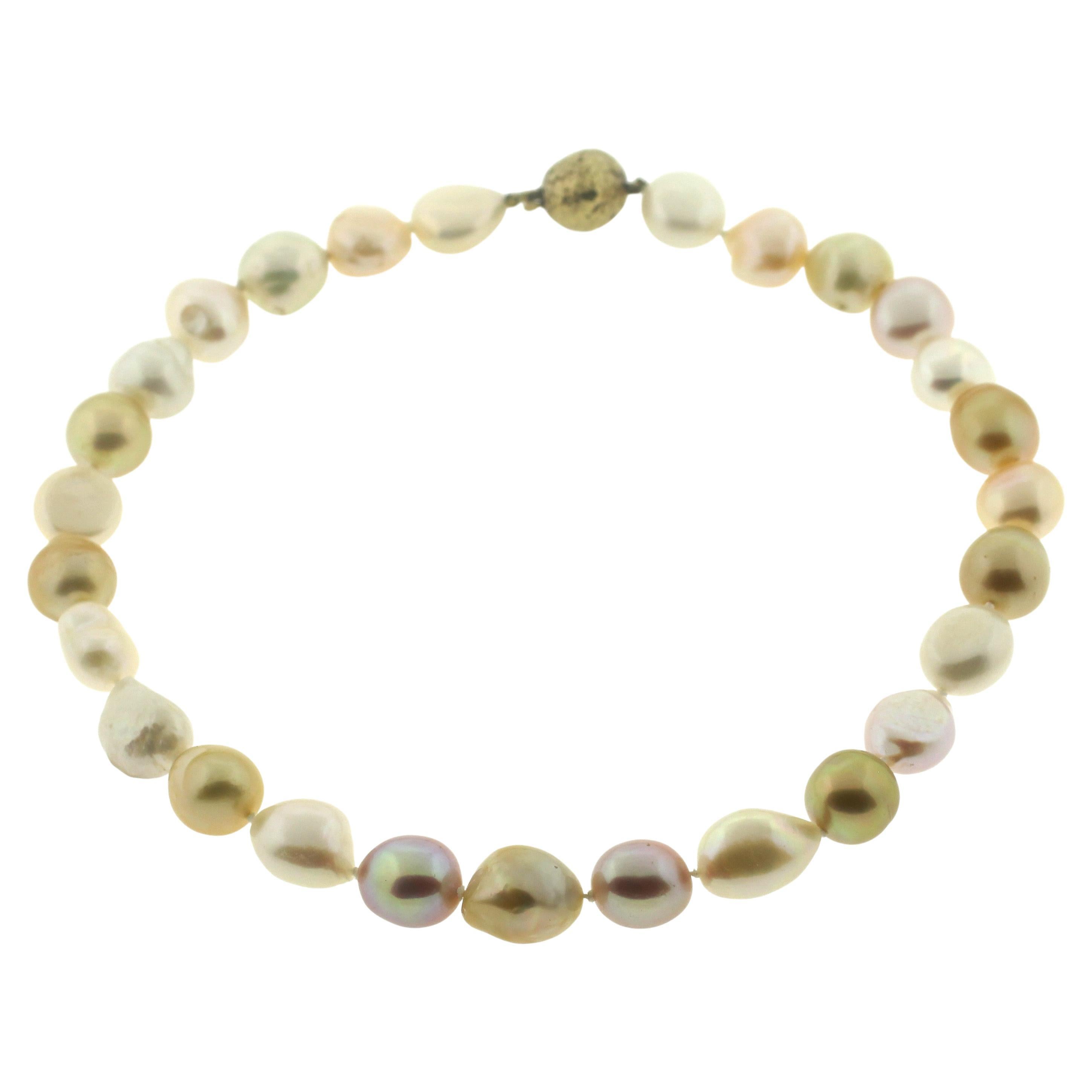 Bead Hakimoto 15x13 mm Natural Multi Color Baroque Pearl Necklace 18K Gold Clasp For Sale