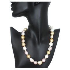 Hakimoto 15x13 mm Natural Multi Color Baroque Pearl Necklace 18K Gold Clasp