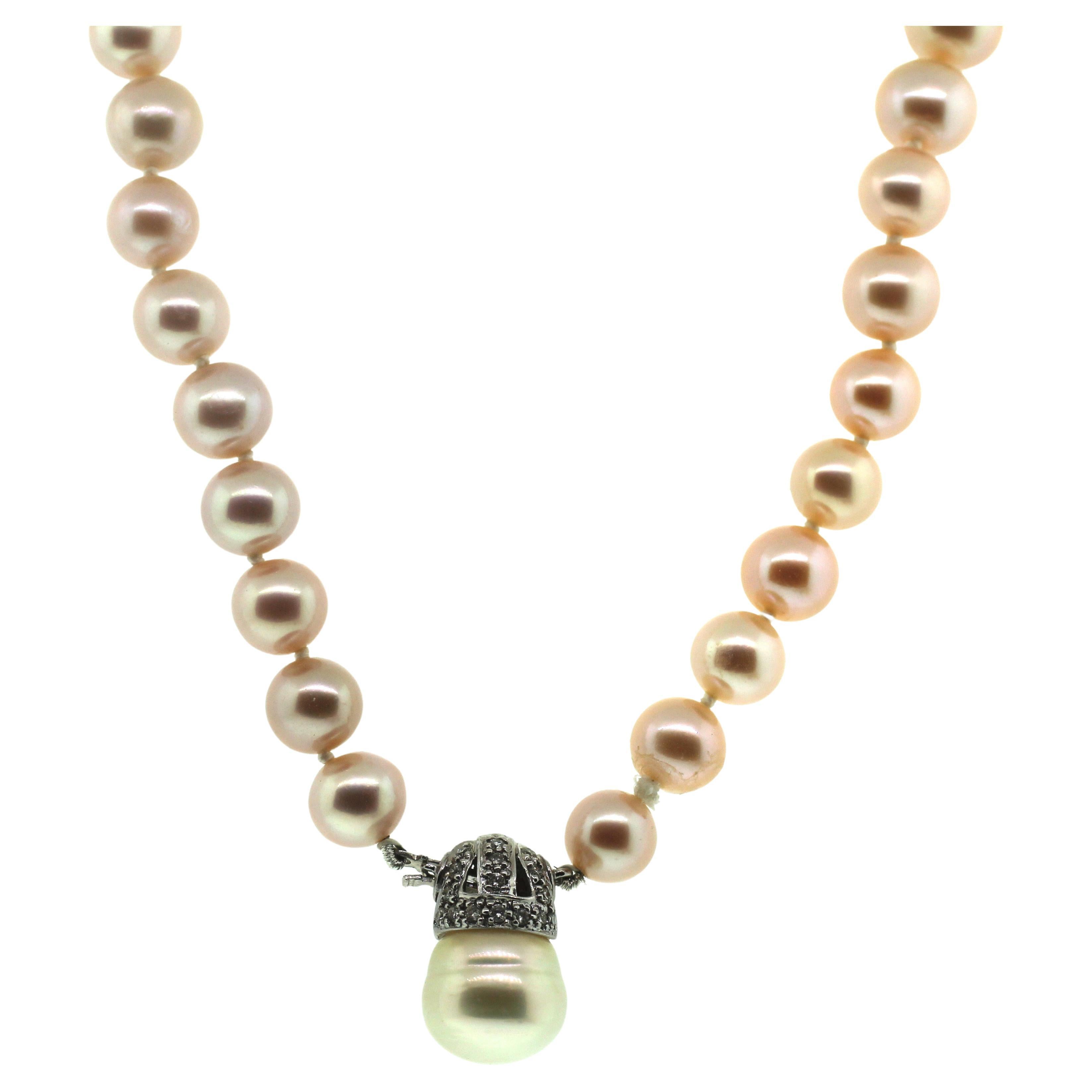Bead Hakimoto Pink Cultured Pearl 18K Diamonds Necklace For Sale