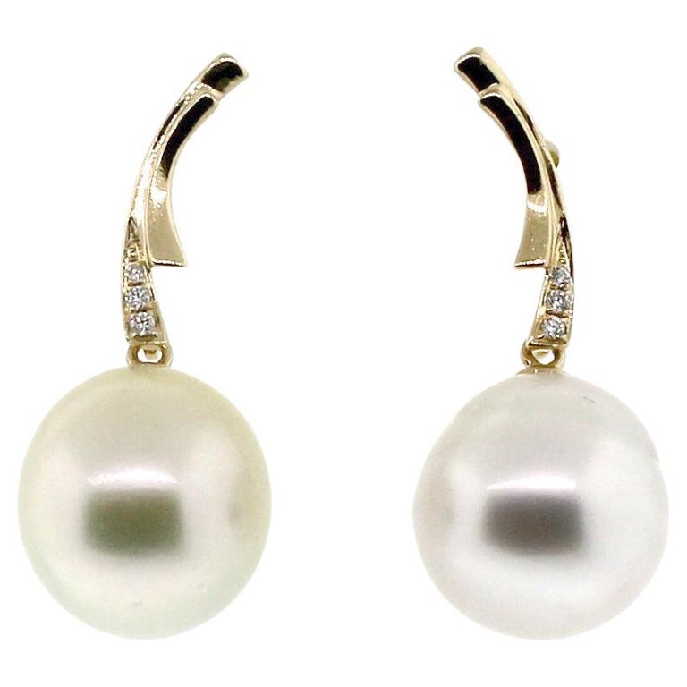 Hakimoto South Sea Drop Pearl 18K Diamond Yellow Gold Earrings For Sale ...