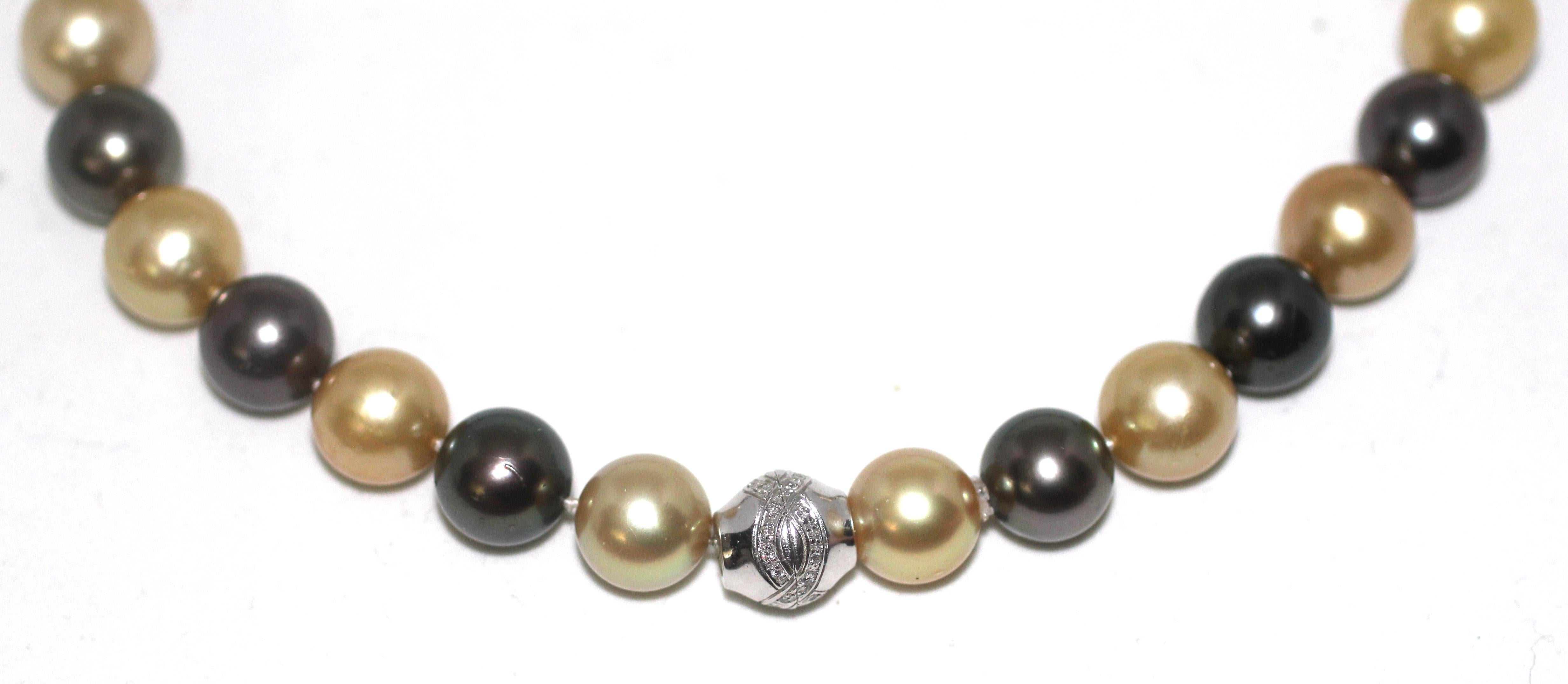 Contemporary Hakimoto 14.5x12 mm Tahitian & Golden South Sea Pearl 18K Diamond Clasp Necklace