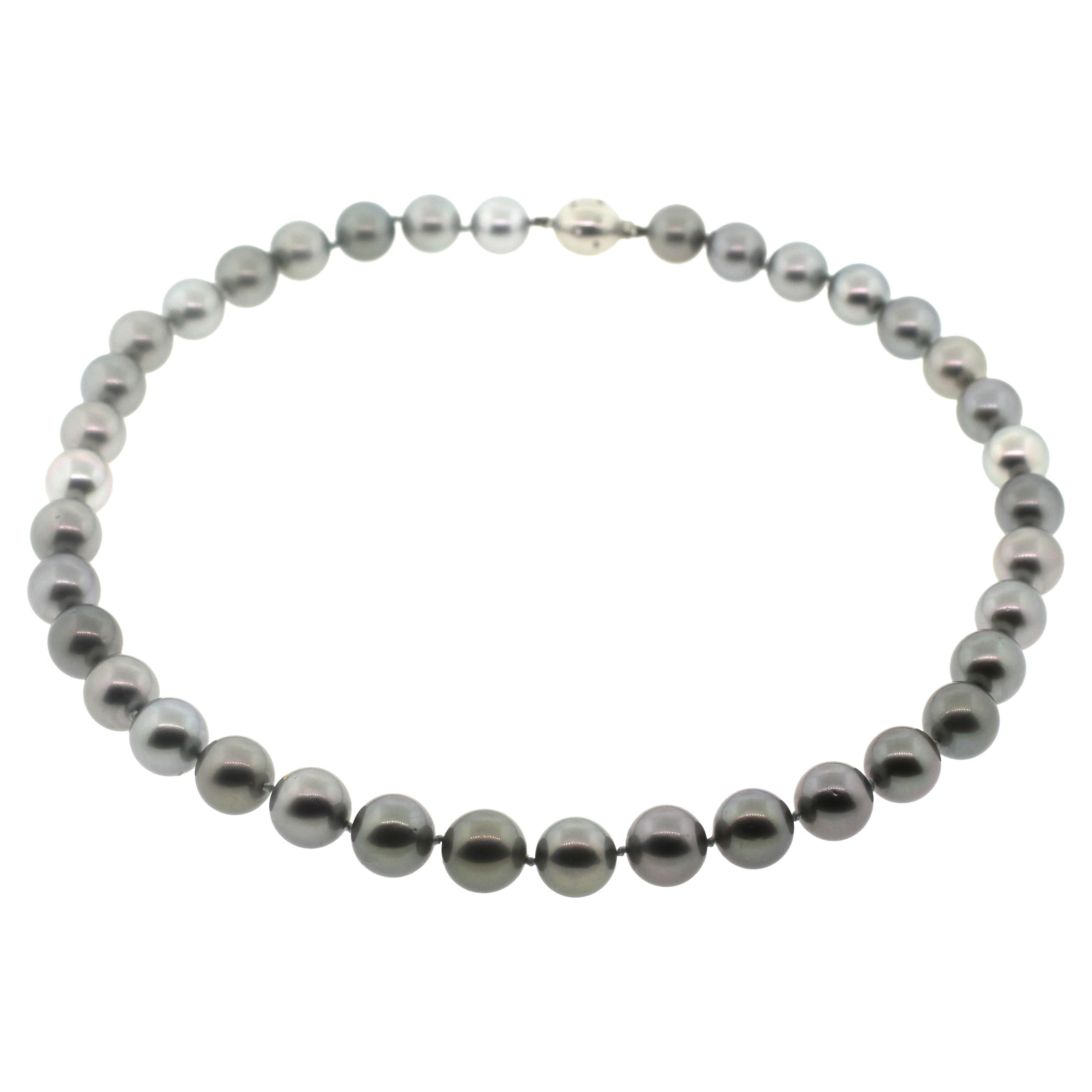Hakimoto 14x12 mm Tahitian Grey Necklace 18K Diamond White Gold Clasp In New Condition For Sale In New York, NY