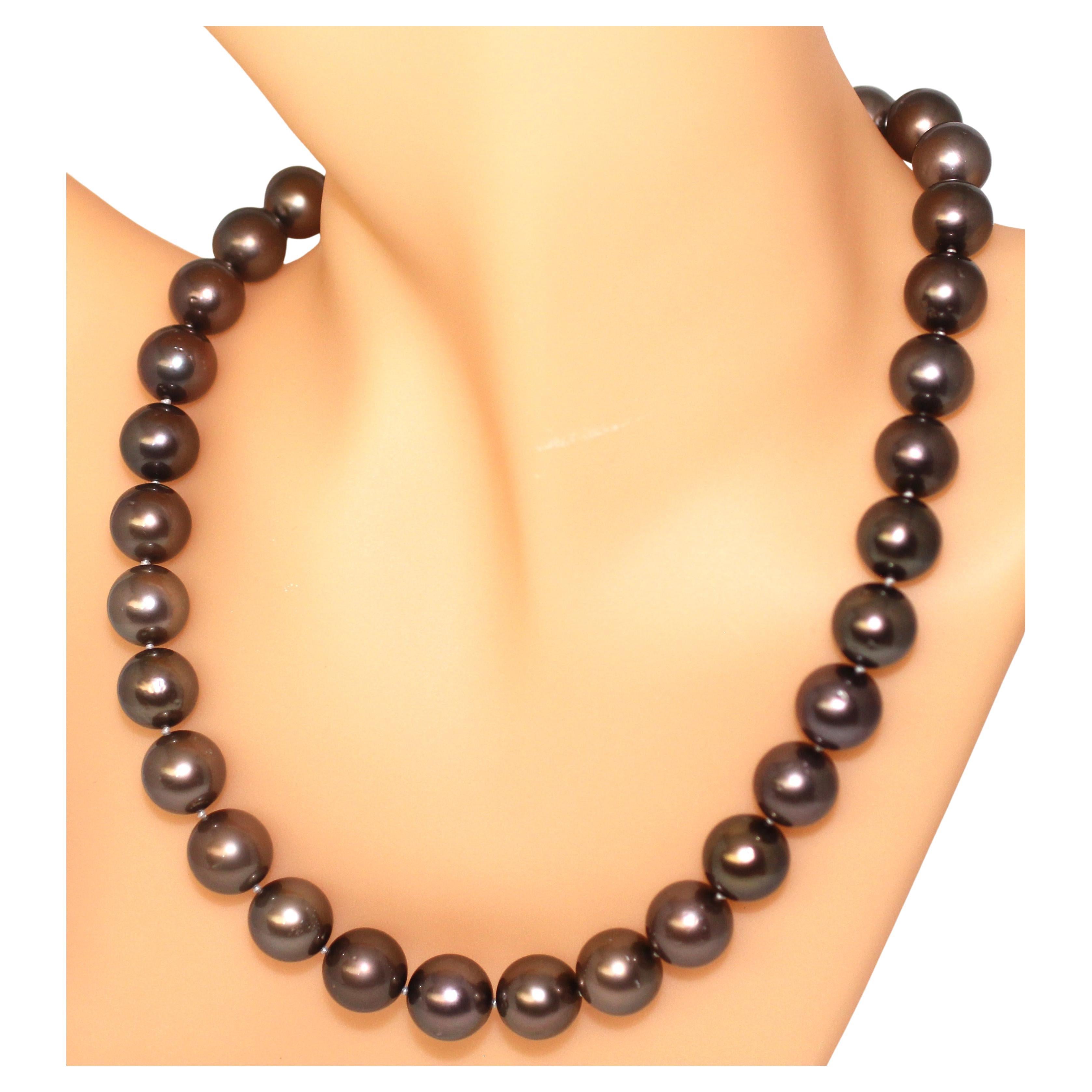 Modern Hakimoto 11X12mTahitian South Sea Natural Brown Pearl Necklace 18K Diamond Clasp For Sale