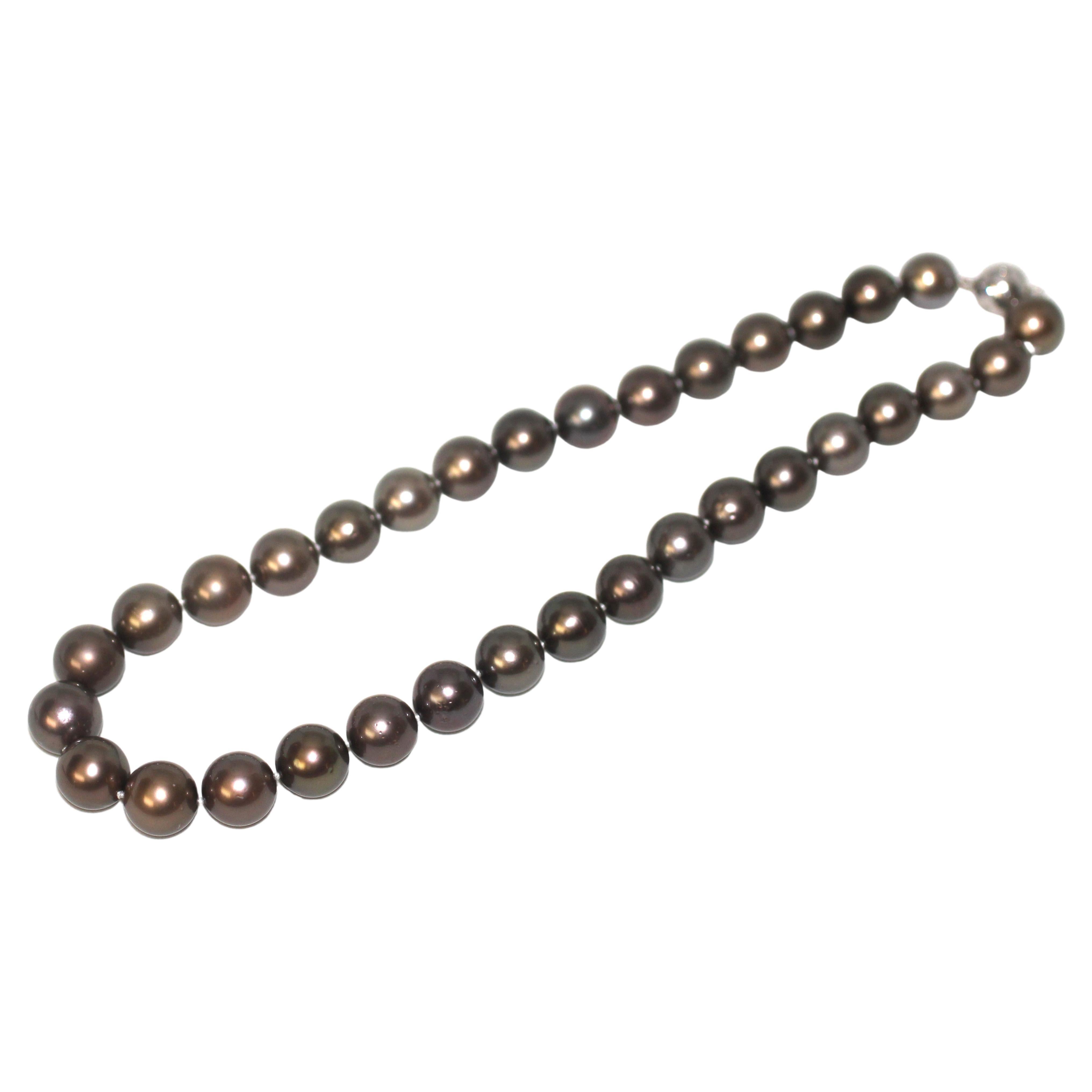 Bead Hakimoto 11X12mTahitian South Sea Natural Brown Pearl Necklace 18K Diamond Clasp For Sale