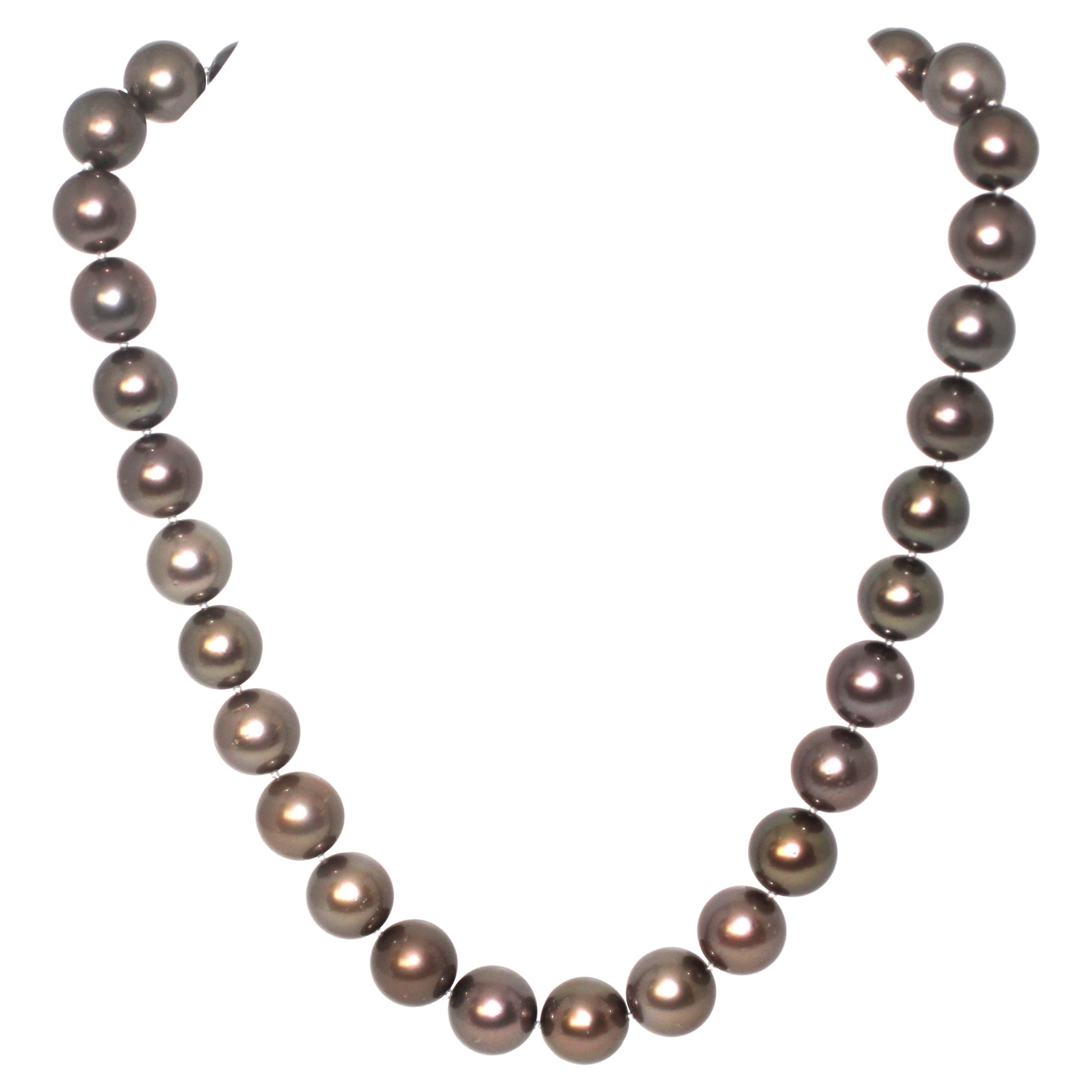 Women's or Men's Hakimoto 11X12mTahitian South Sea Natural Brown Pearl Necklace 18K Diamond Clasp For Sale