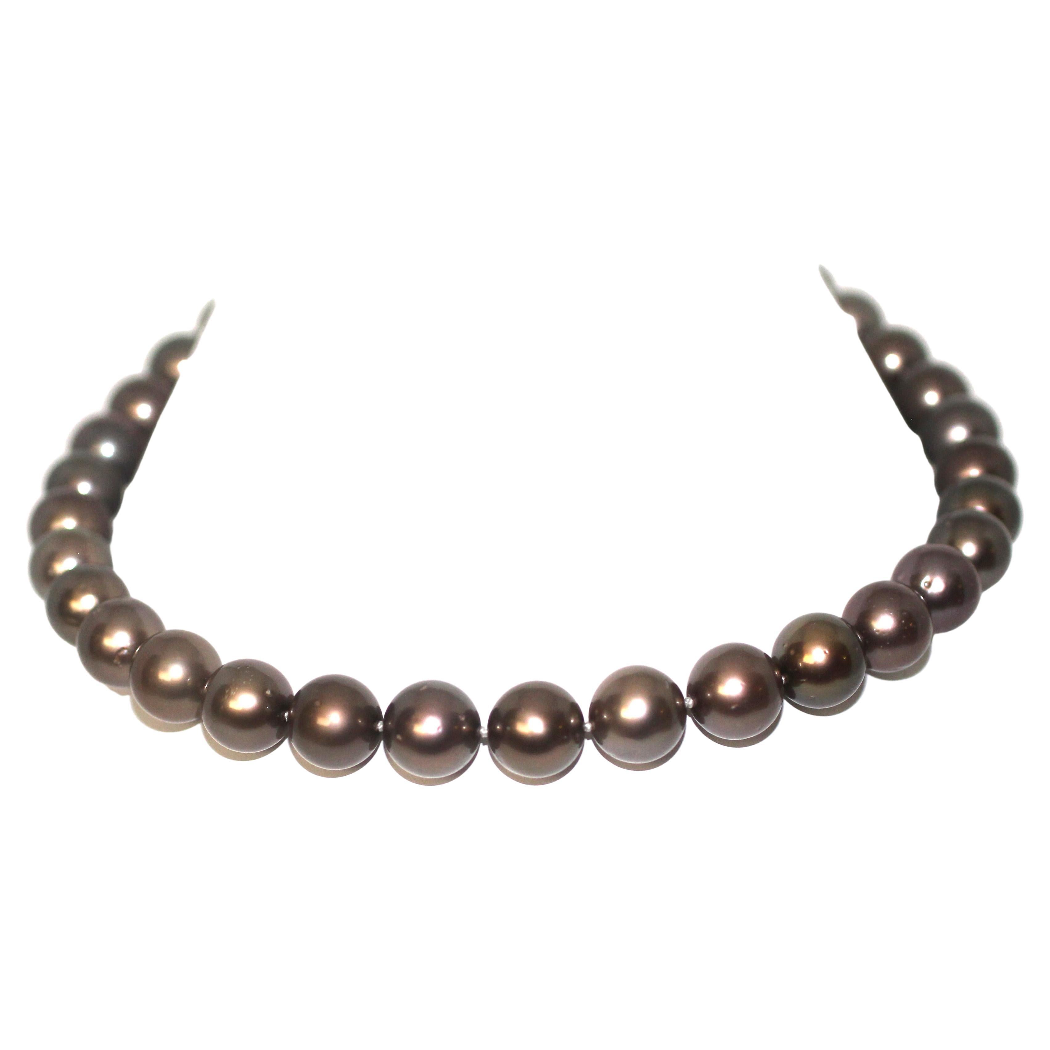 Hakimoto 11X12mTahitian South Sea Natural Brown Pearl Necklace 18K Diamond Clasp For Sale