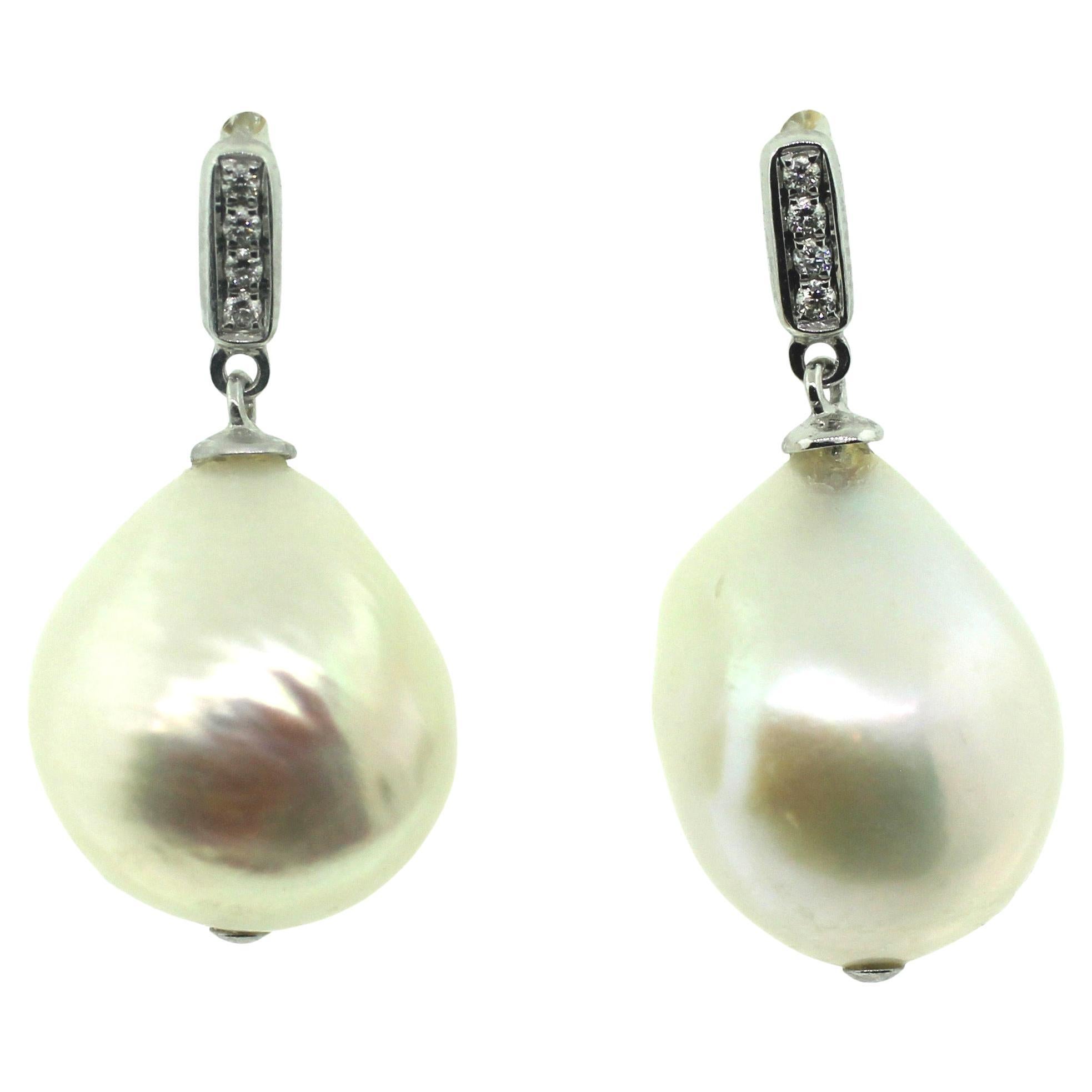 Hakimoto White Baroque 18K Diamond White Gold Earrings For Sale