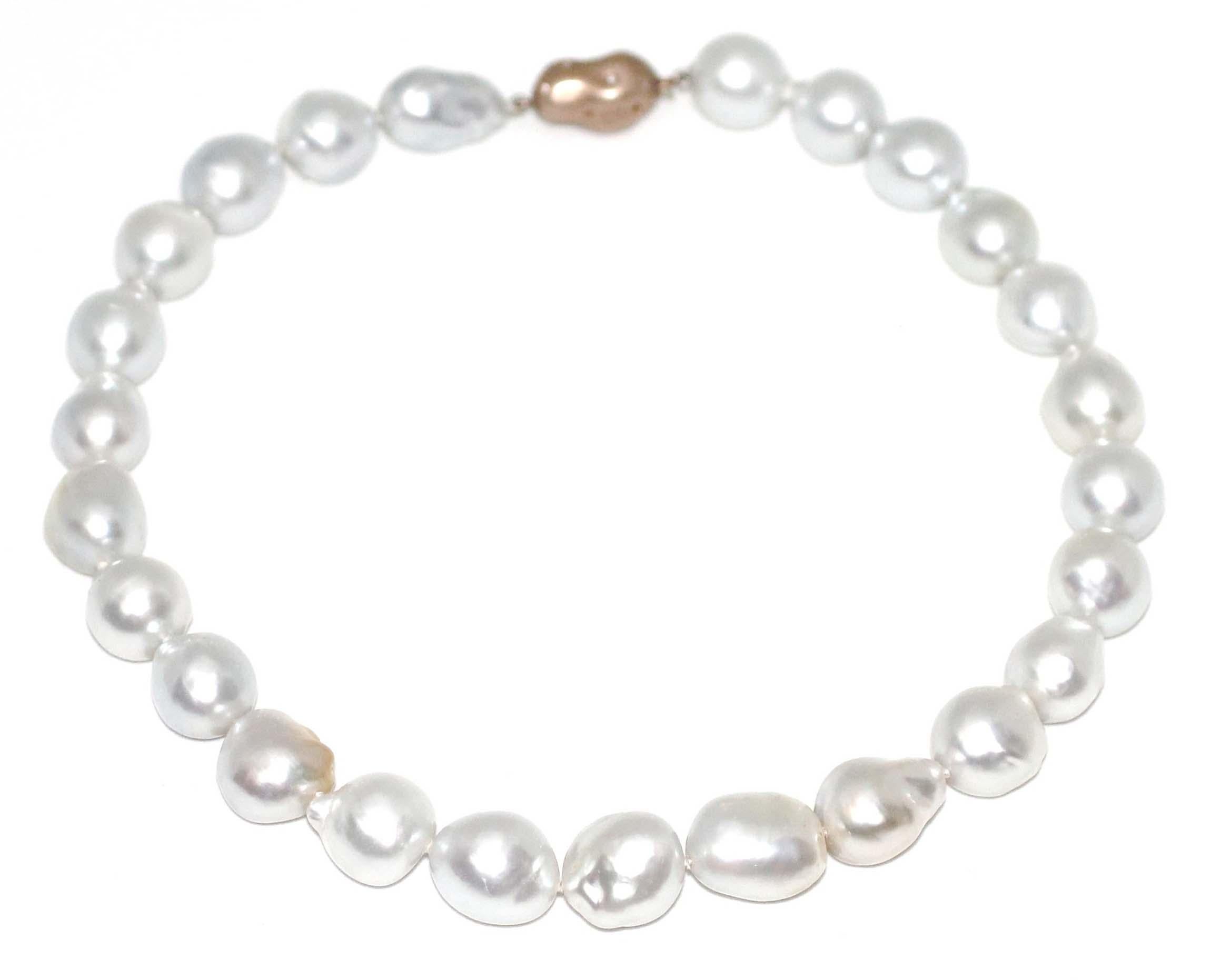 Hakimoto 15X14 mm White South Baroque Sea Pearl Necklace 18K Diamond Clasp For Sale
