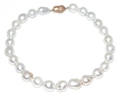 Hakimoto 15X14 mm White South Baroque Sea Pearl Necklace 18K Diamond Clasp