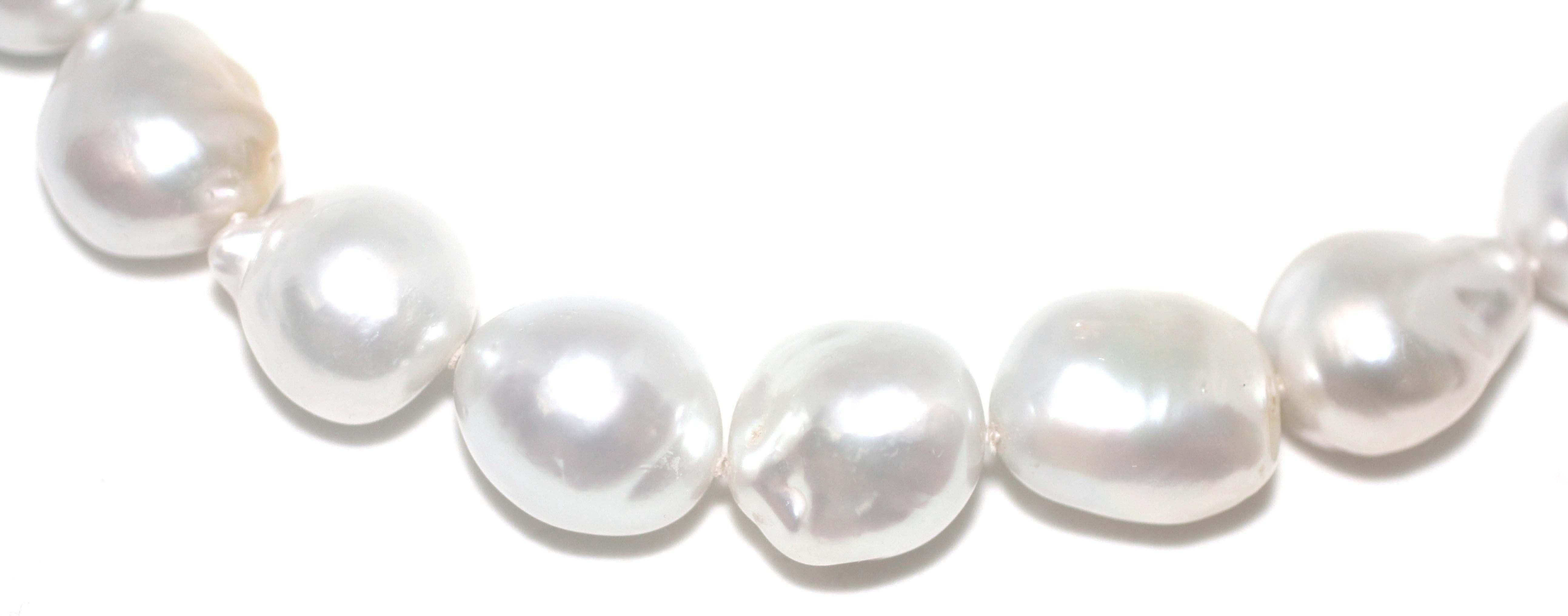 Bead Hakimoto 15X14 mm White South Baroque Sea Pearl Necklace 18K Diamond Clasp For Sale