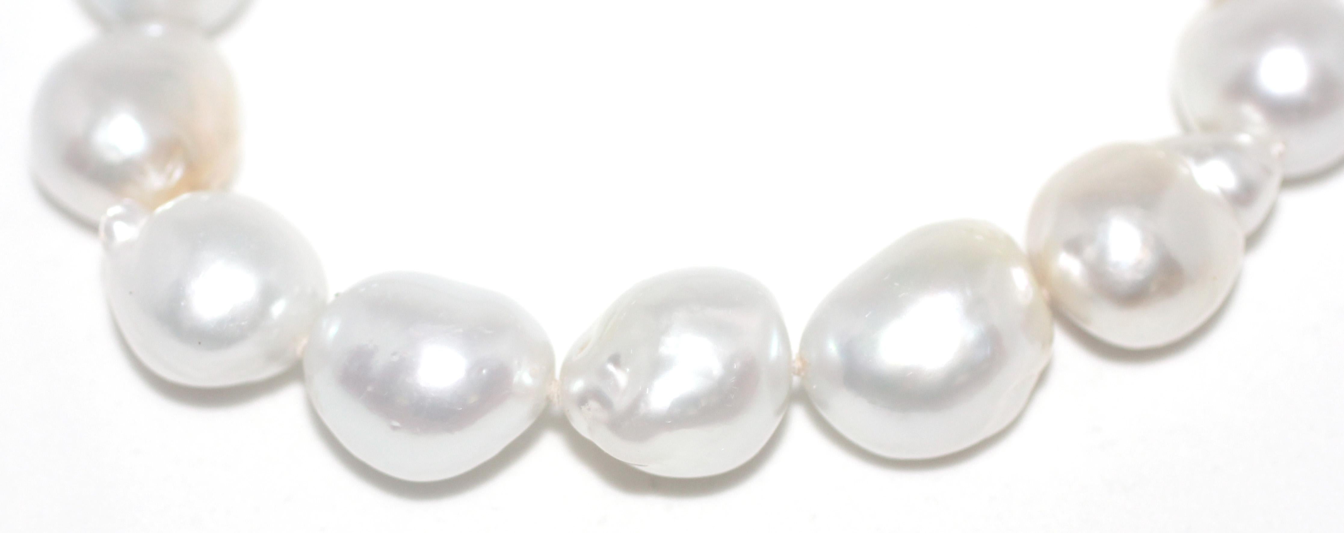Hakimoto 15X14 mm White South Baroque Sea Pearl Necklace 18K Diamond Clasp For Sale 1