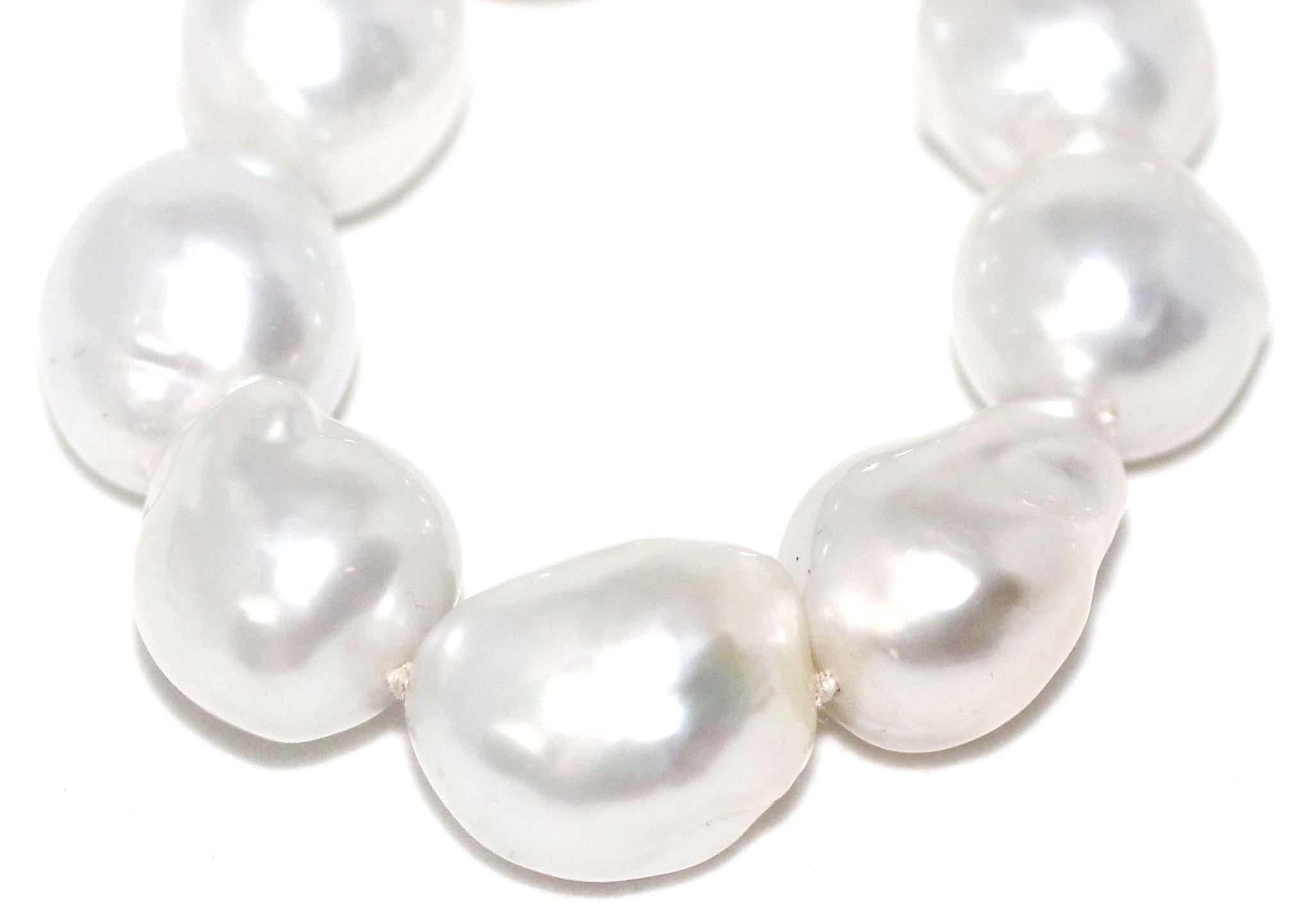 Hakimoto 15X14 mm White South Baroque Sea Pearl Necklace 18K Diamond Clasp For Sale 2