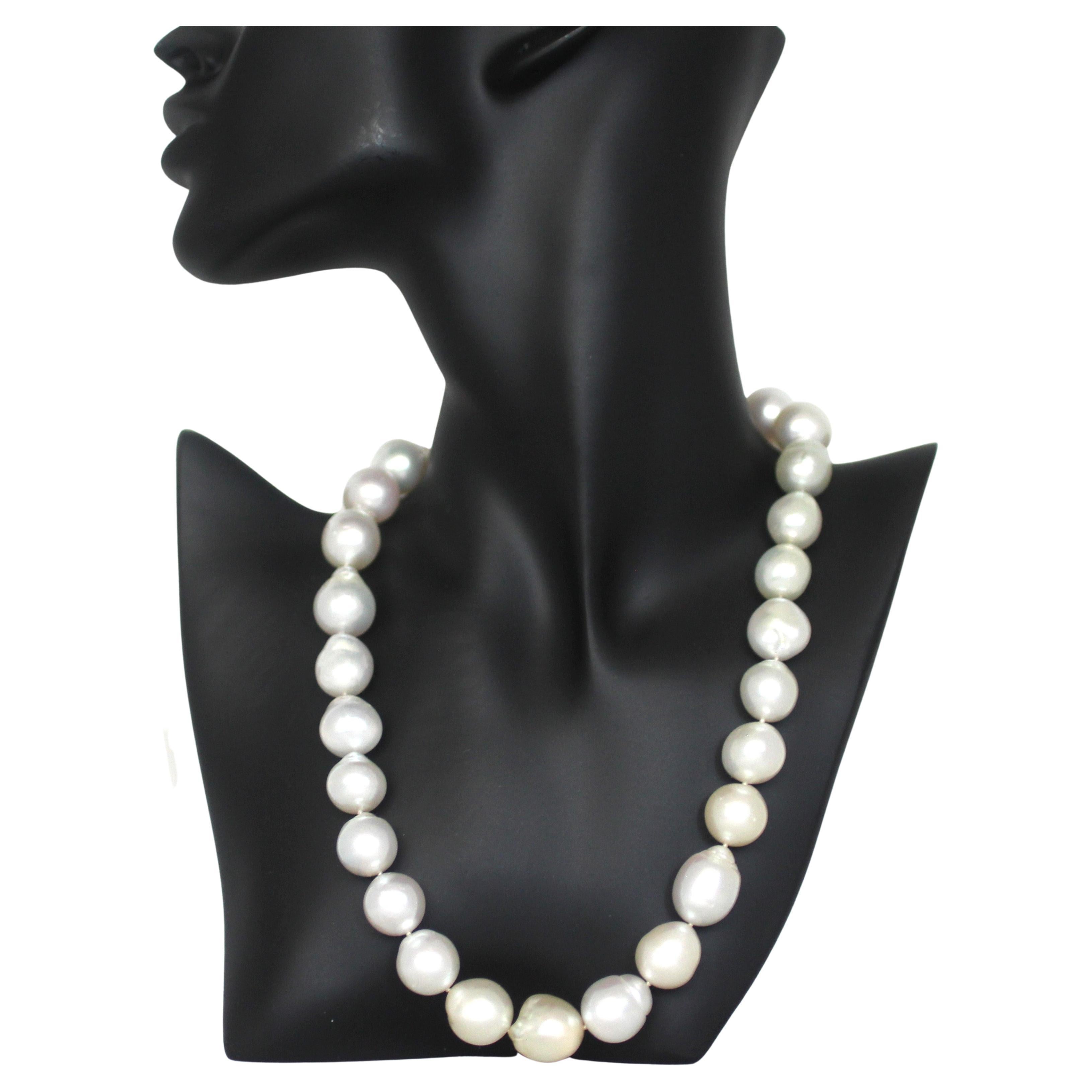 Modern Hakimoto 15x14 mm White South Sea Baroque Pearl Necklace 18K Diamond Clasp For Sale
