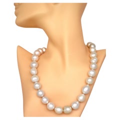 Hakimoto 15x14 mm White South Sea Baroque Pearl Necklace 18K Diamond Clasp