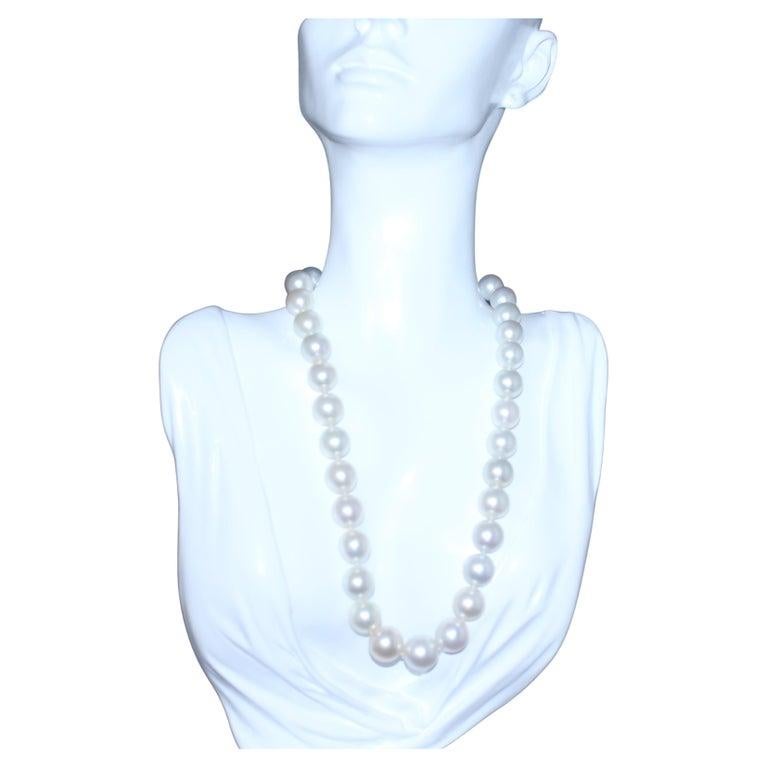 Contemporary Hakimoto 14x11 mm White South Sea Pearl Necklace 18K Diamond White Gold Clasp For Sale